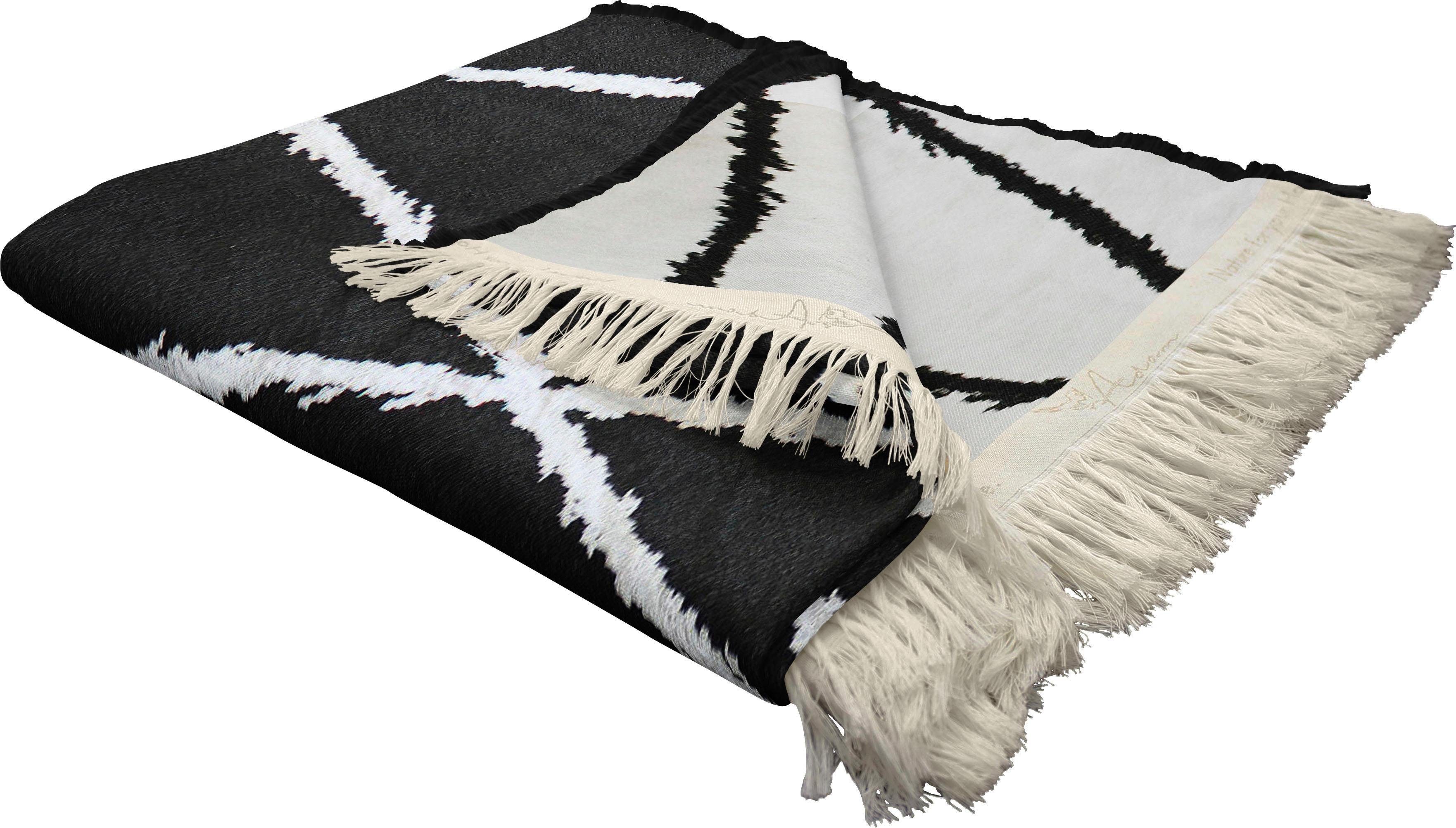 Adam Deken Casket Valdelana met grafisch patroon, knuffeldeken plaids maat 145x190 cm zwart