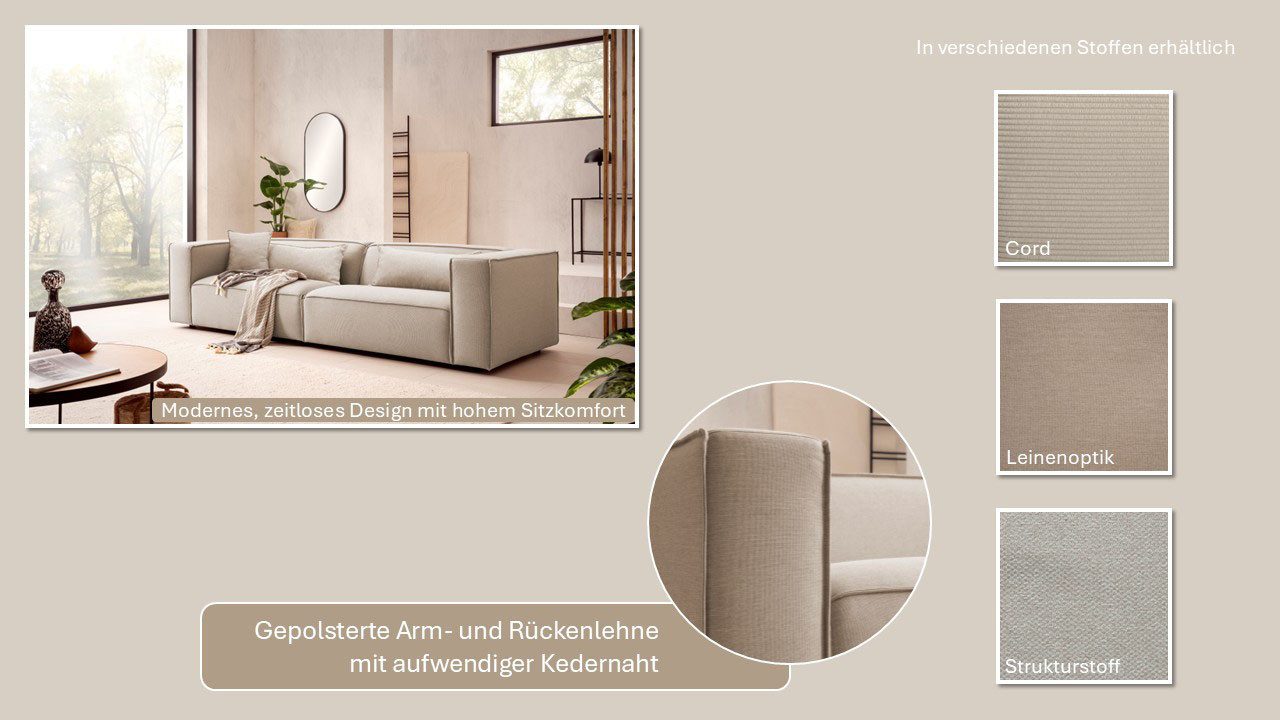 LeGer Home by Lena Gercke 3-zitsbank PIARA, bank met biesnaad, sofa in cord of linnenlook
