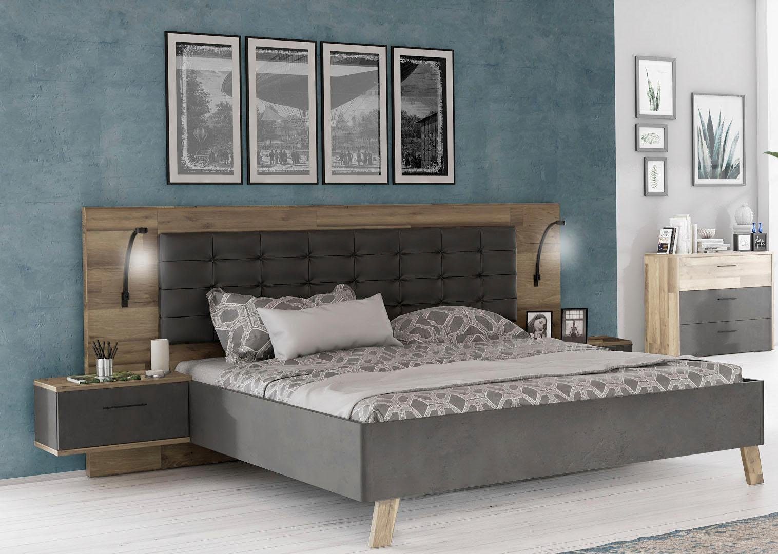 FORTE Ledikant Ricciano met 2 nachtkastjes en bekleed hoofdbord (set, 3-delig) bedframes maat staafeikenkleur/betonkleur/donkergrijs grijs