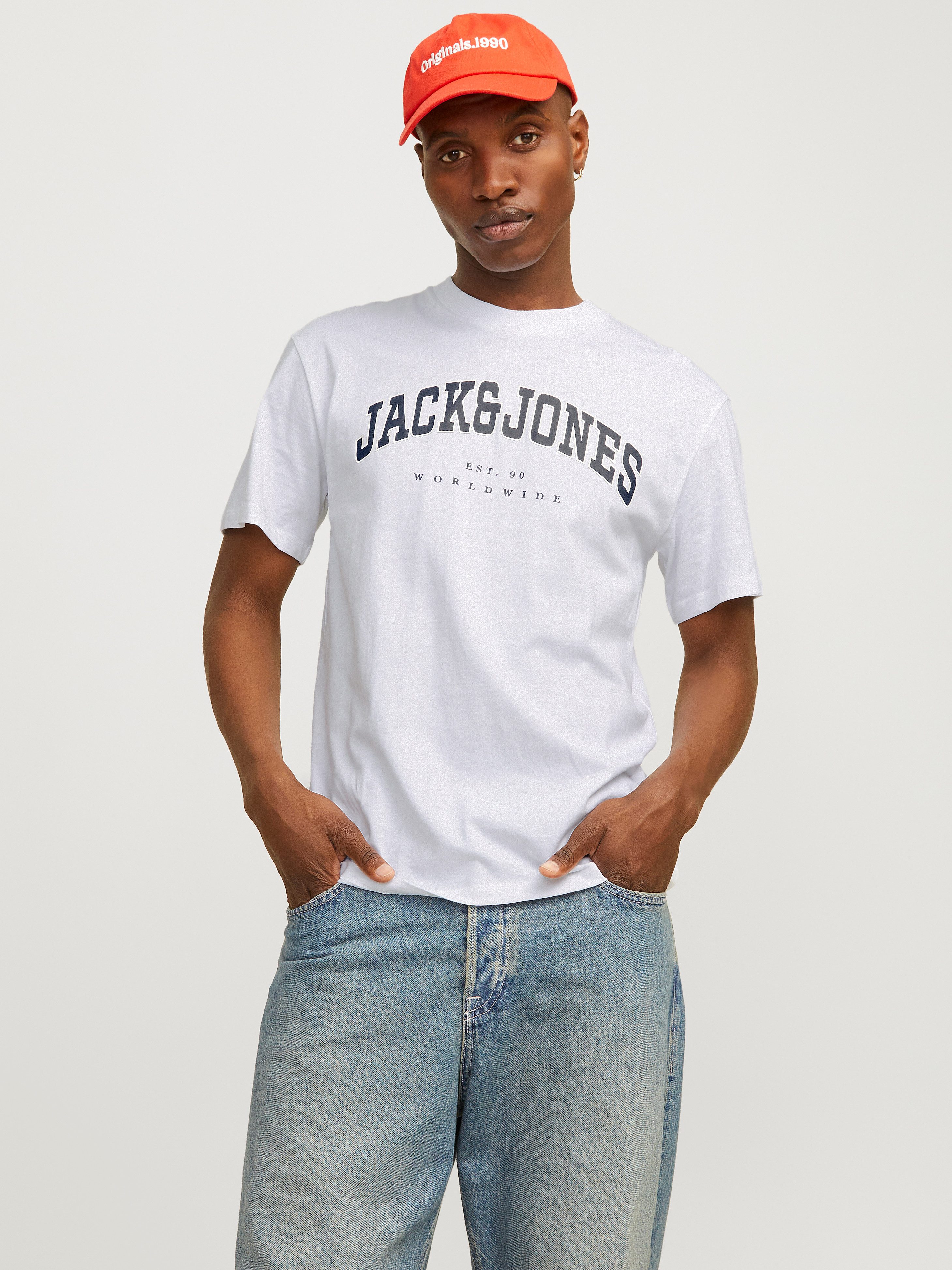 Jack & Jones Shirt met ronde hals JJECALEB VARSITY TEE SS O-NECK NOOS heren ronde hals maat L wit