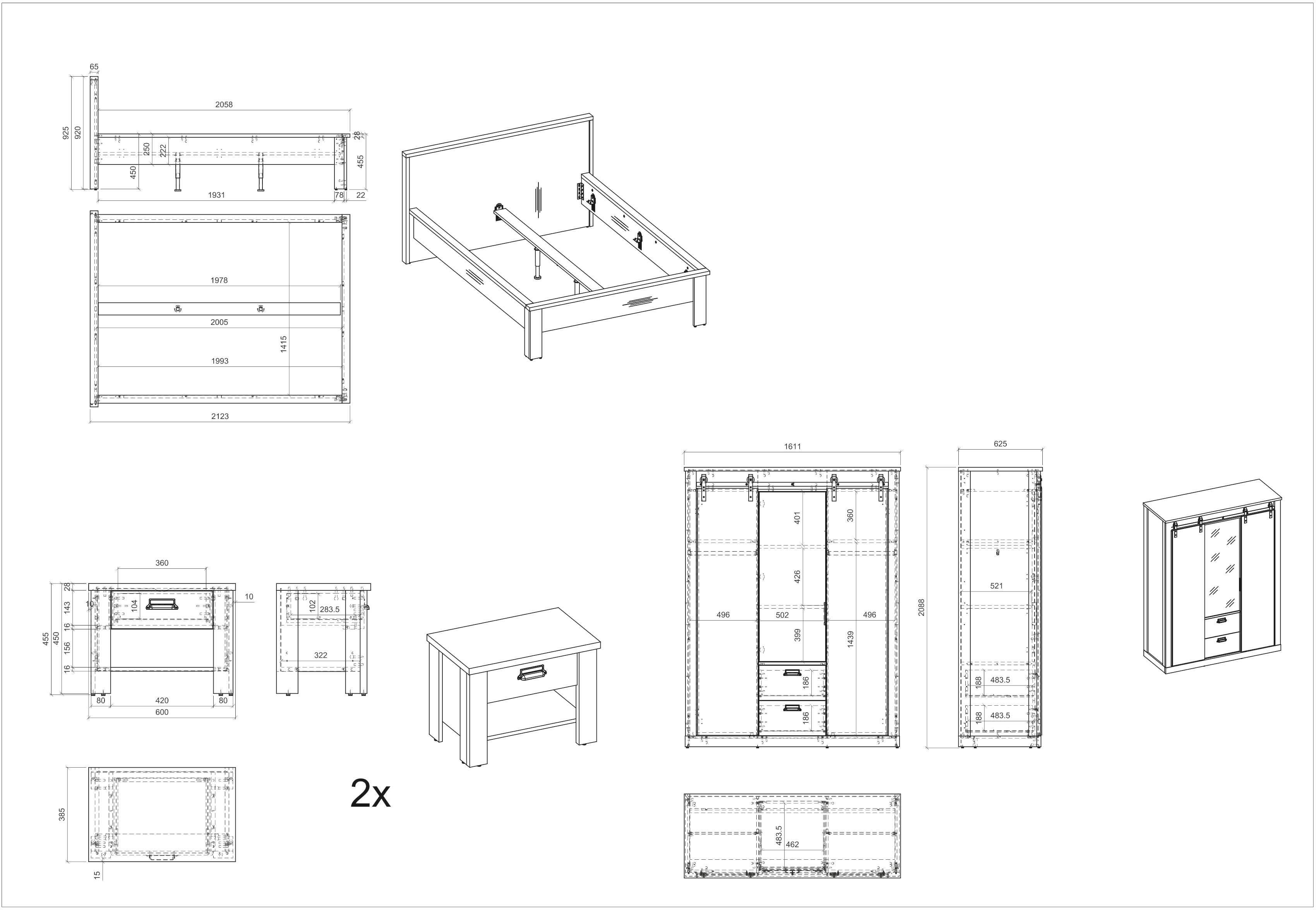 Home affaire Slaapkamerserie Sherwood Ligoppervlak 140 x 200 cm, kast 3-deurs 162 cm breed (4-delig)