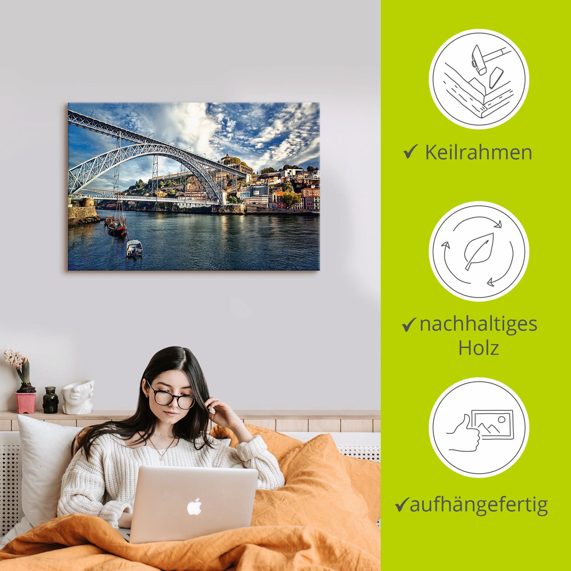 Artland Artprint op linnen Panorama Porto met Eiffel brug
