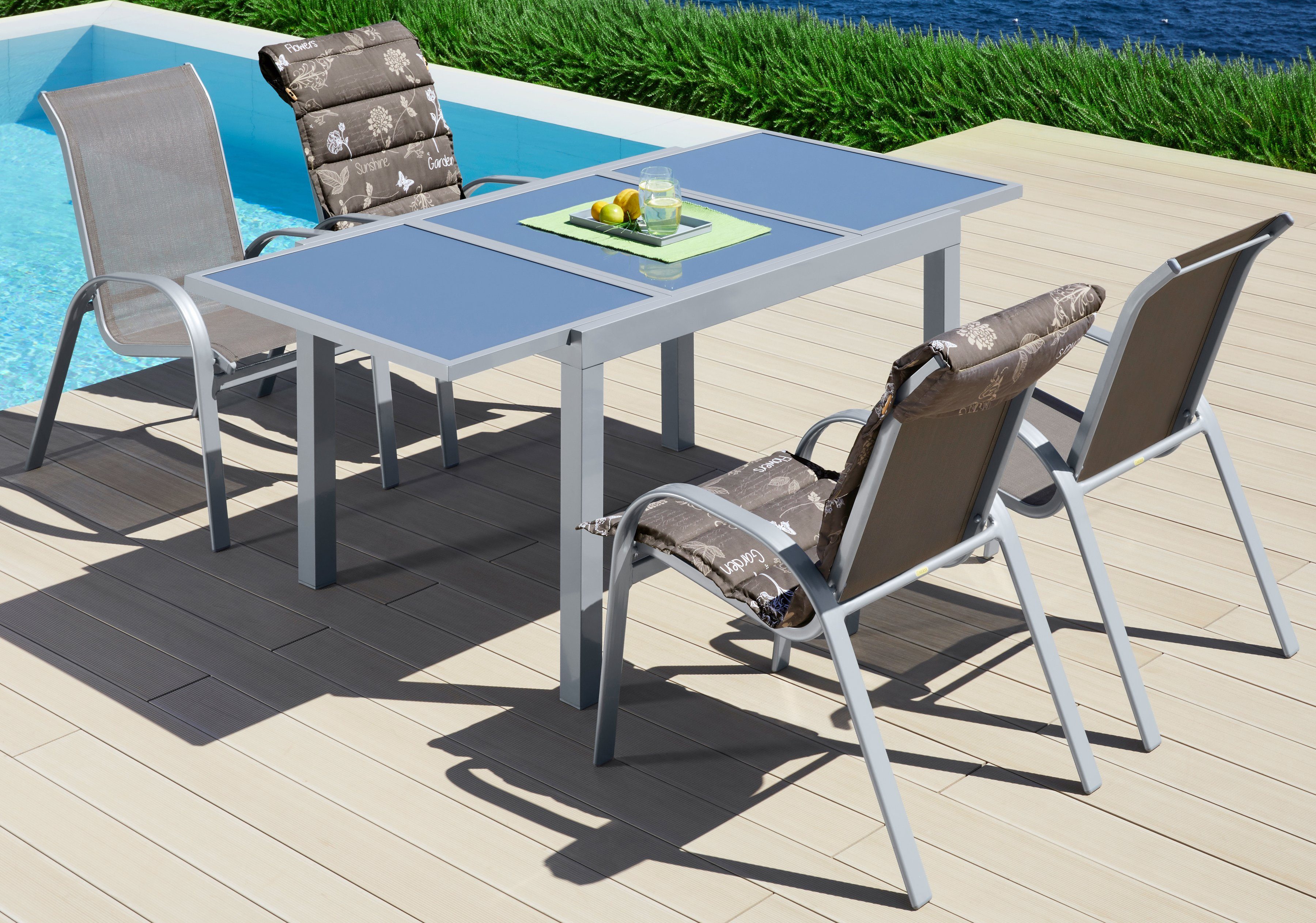 MERXX Tuin-eethoek Amalfi 4 stoelen, uitschuifbare tafel 90 x 120-180 cm, aluminium/textiel (5-delig)