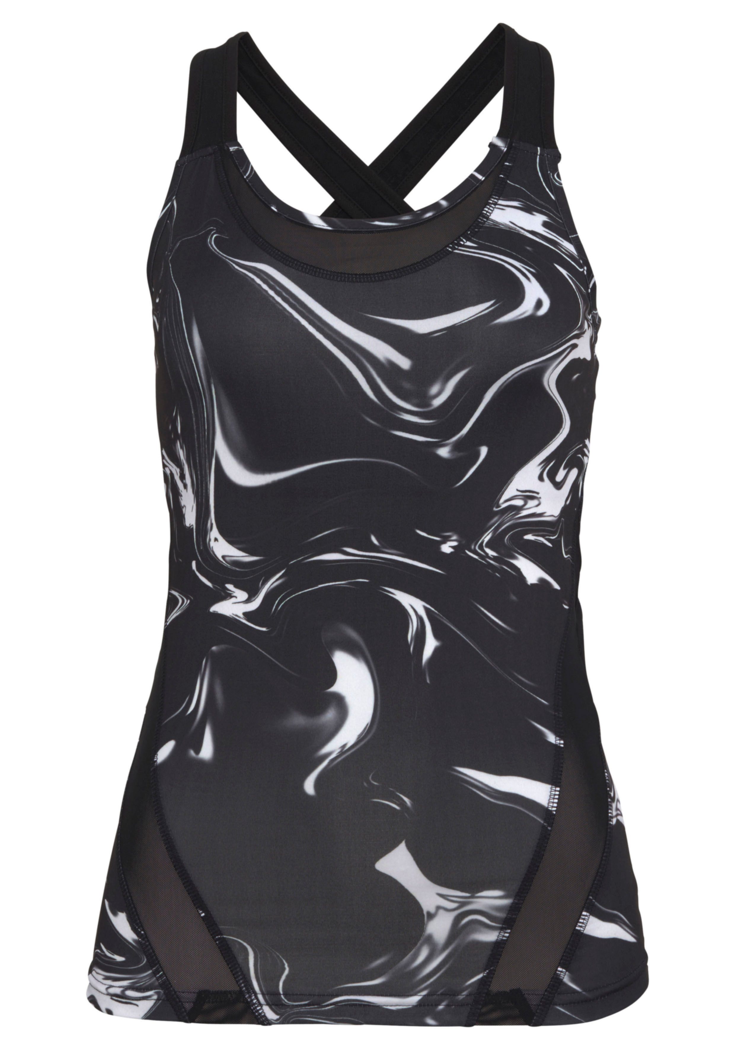 active by Lascana Functioneel shirt Marble met gekruiste bandjes en mesh-inzetstukken