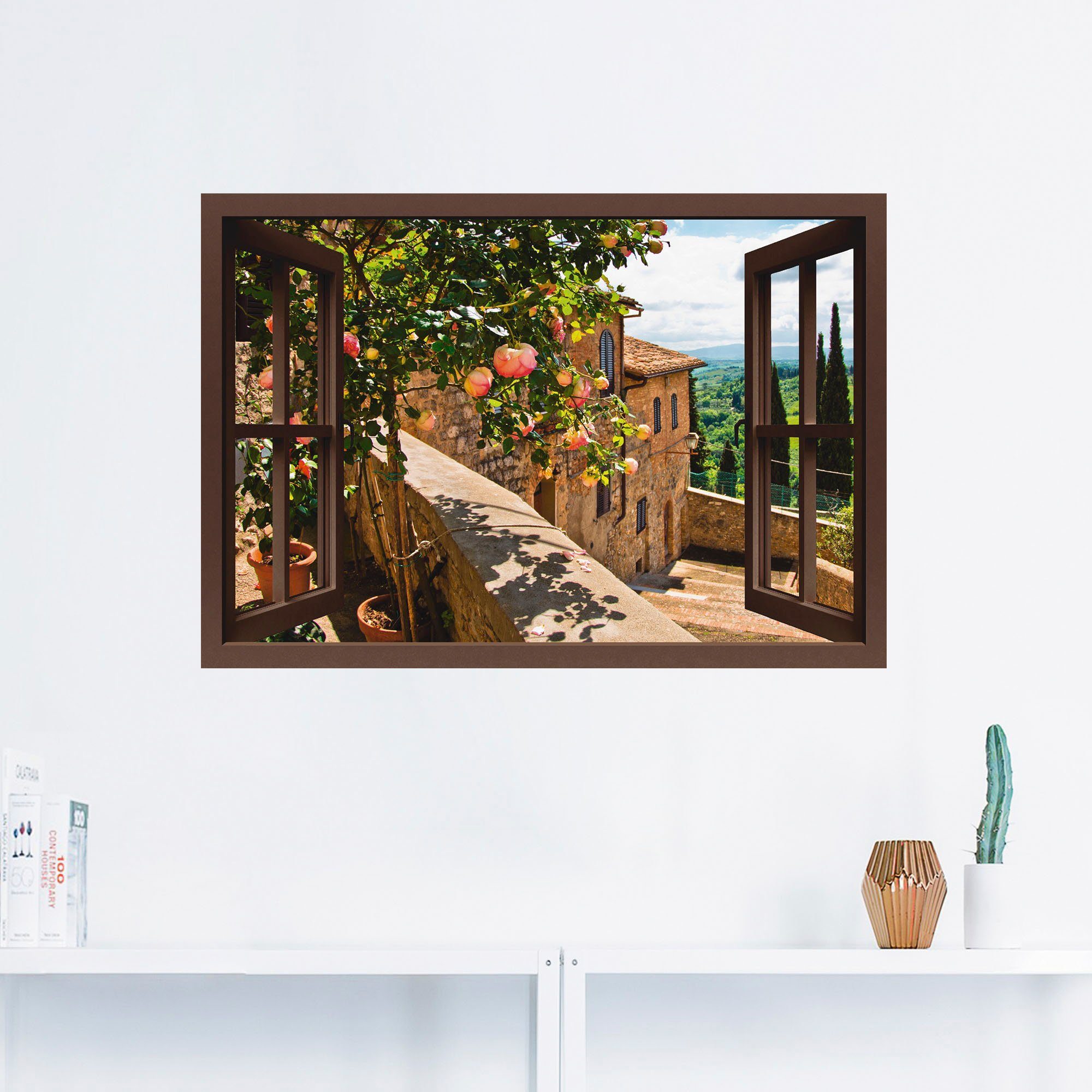 Artland Artprint Blik uit het venster rozen op balkon Toscane als artprint van aluminium, artprint voor buiten, artprint op linnen, poster, muursticker