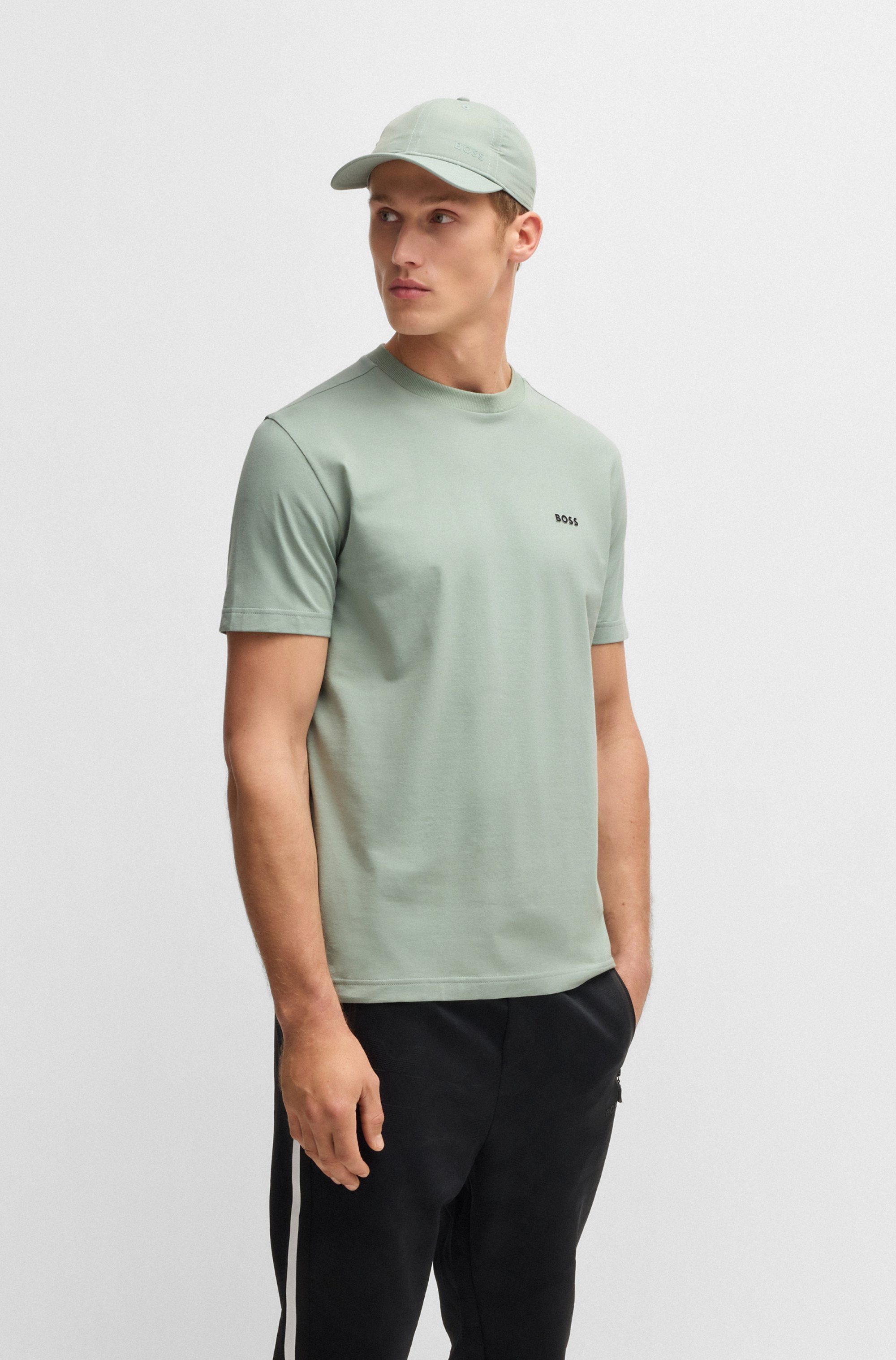 BOSS GREEN Shirt met ronde hals Thee met gegomd contrast-logo heren ronde hals maat XXL groen