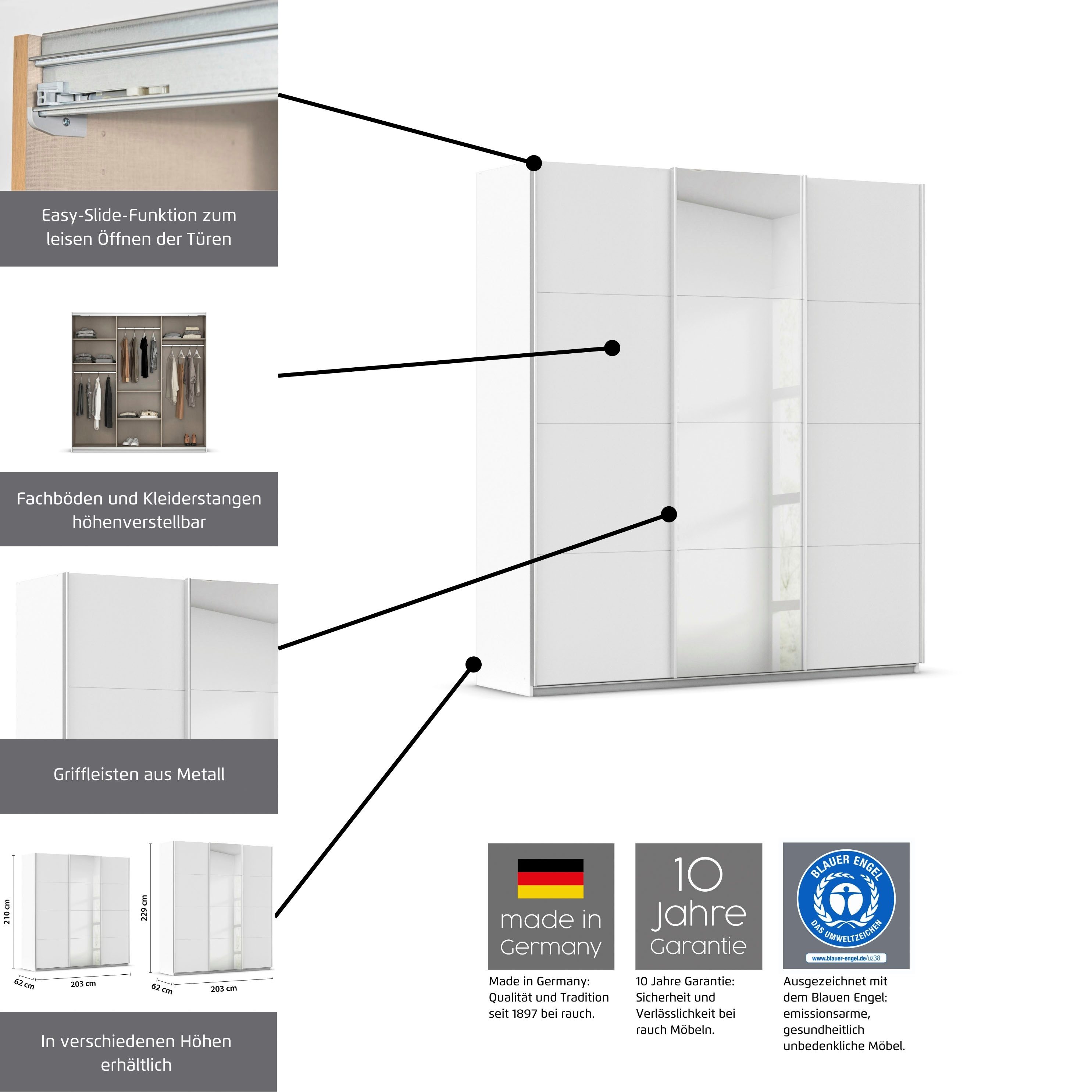 rauch Schuifdeurkast Kledingkast kast garderobe AGORDO met decor- of hoogglansfront doordachte binnenuitrusting, in 4 breedtes en 2 hoogtes made in germany