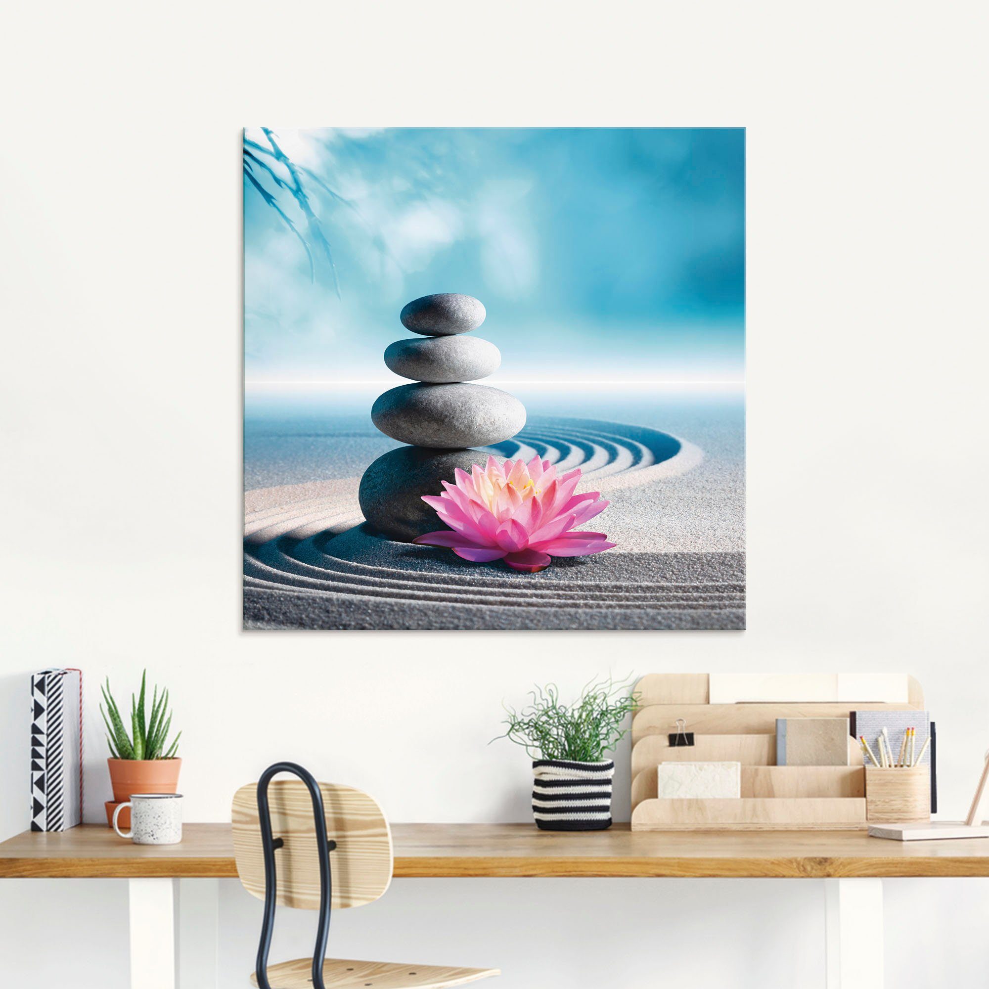 Artland Print op glas Zand, lelie en spa-stenen in zen-tuin