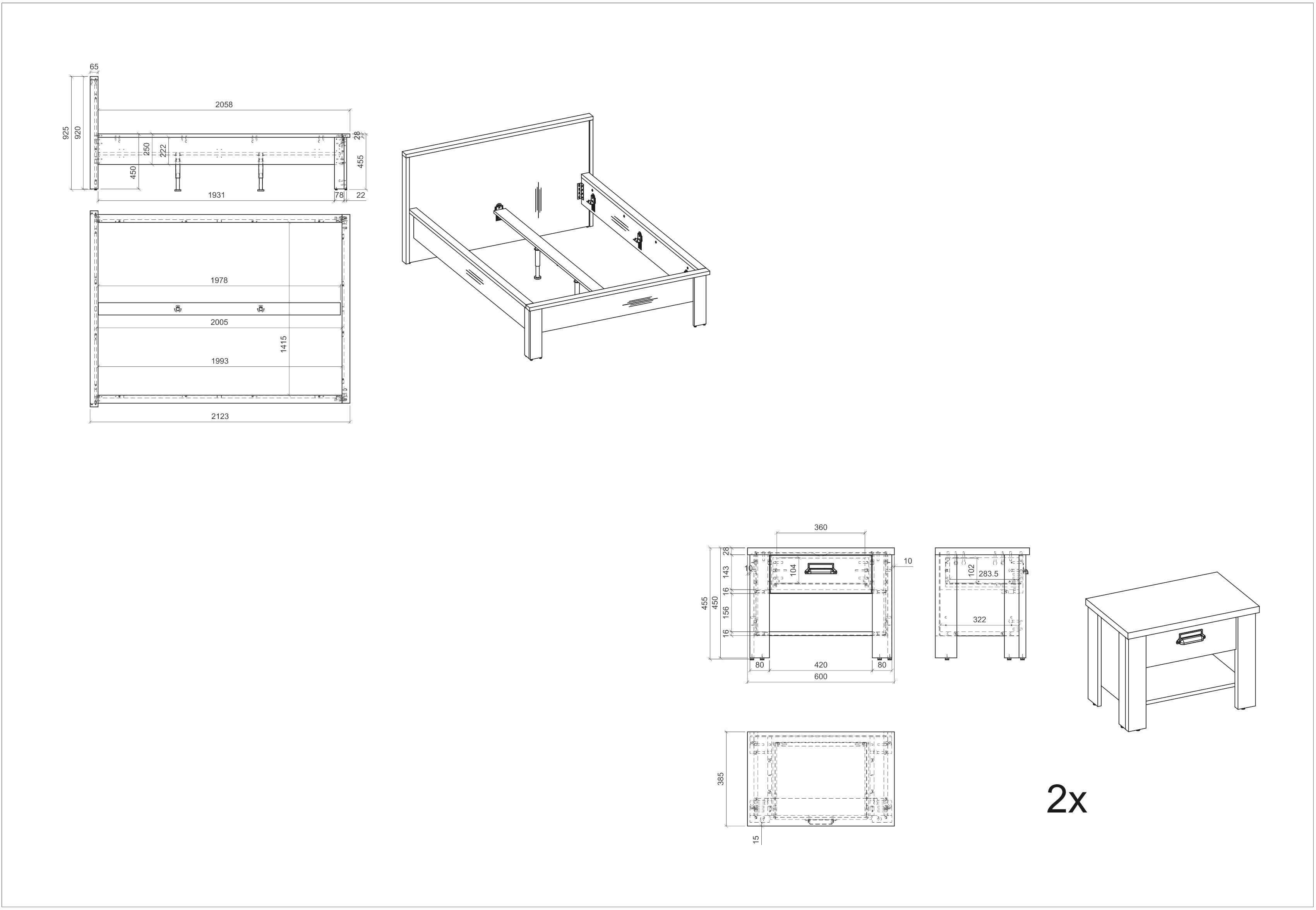 Home affaire Ledikant Sherwood Ligoppervlak 140 x 200 cm, 2 nachtkastjes met elk 1 lade (3-delig)