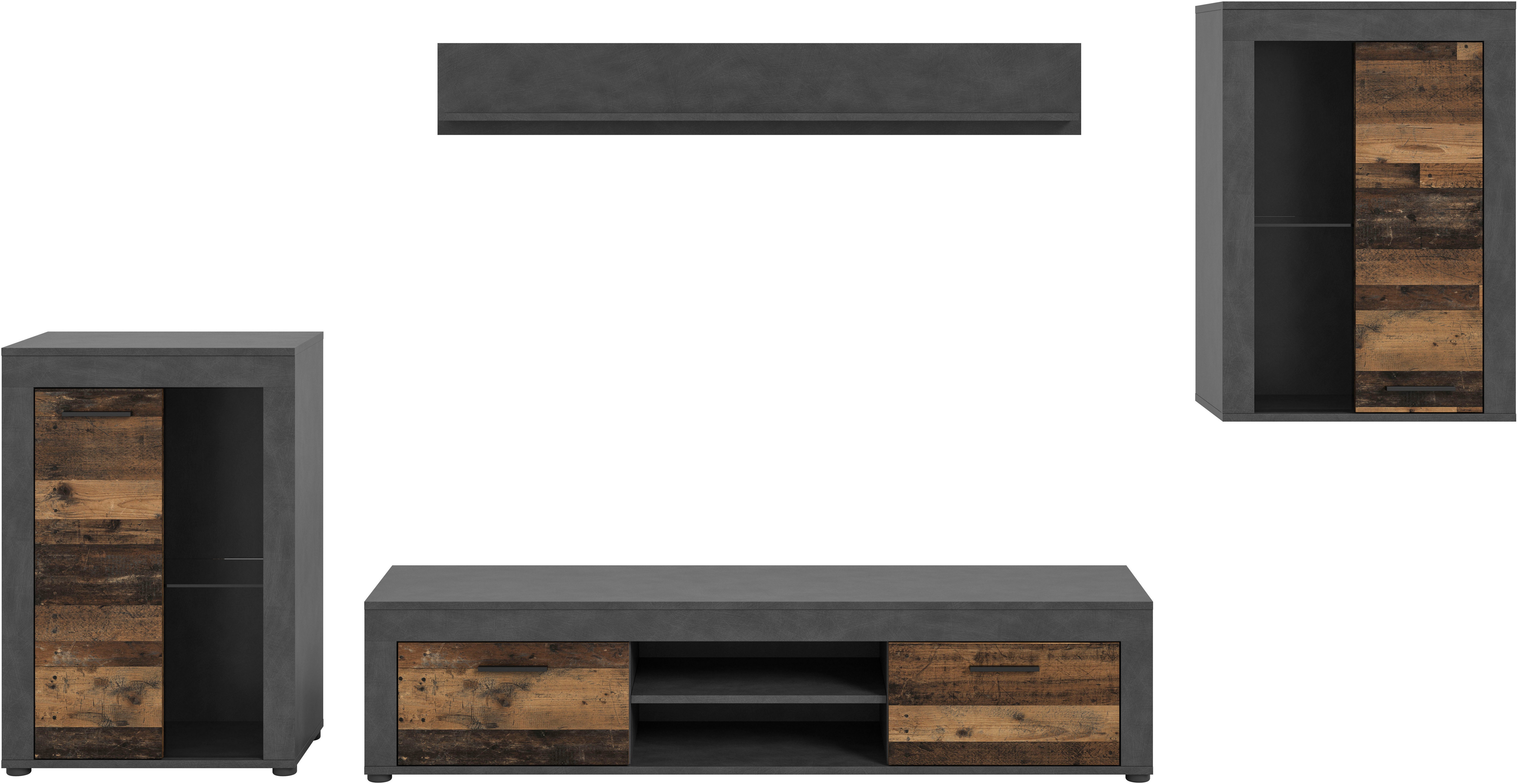 INOSIGN Wandmeubel Aosta, 4-delig, bestaande uit: 2x vitrinekast, lowboard & wandplank (4-delig)
