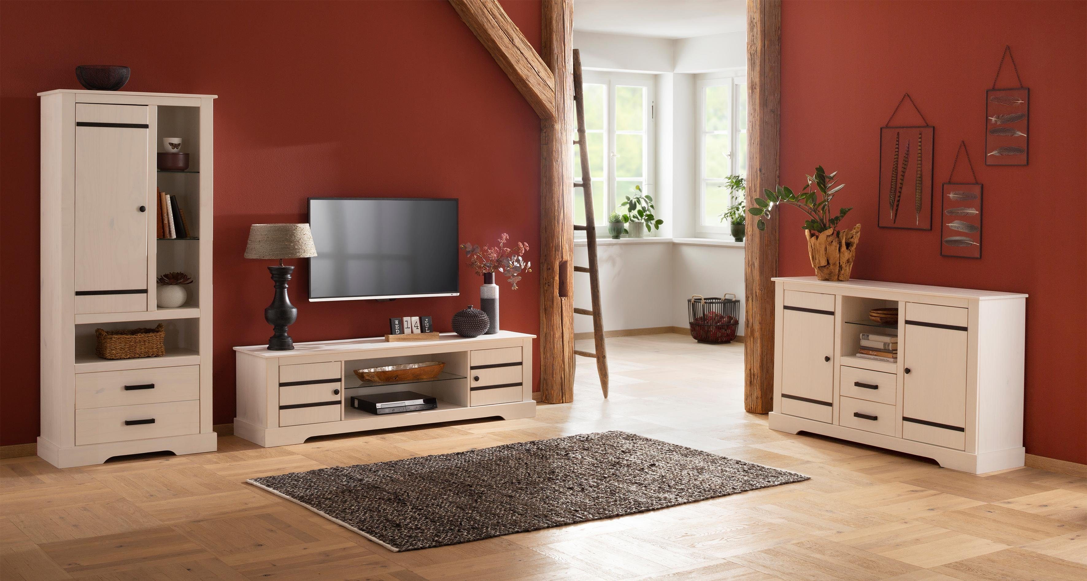 Home affaire Tv-meubel Loki van massief grenenhout, met een vast glasplateau, breedte 160 cm