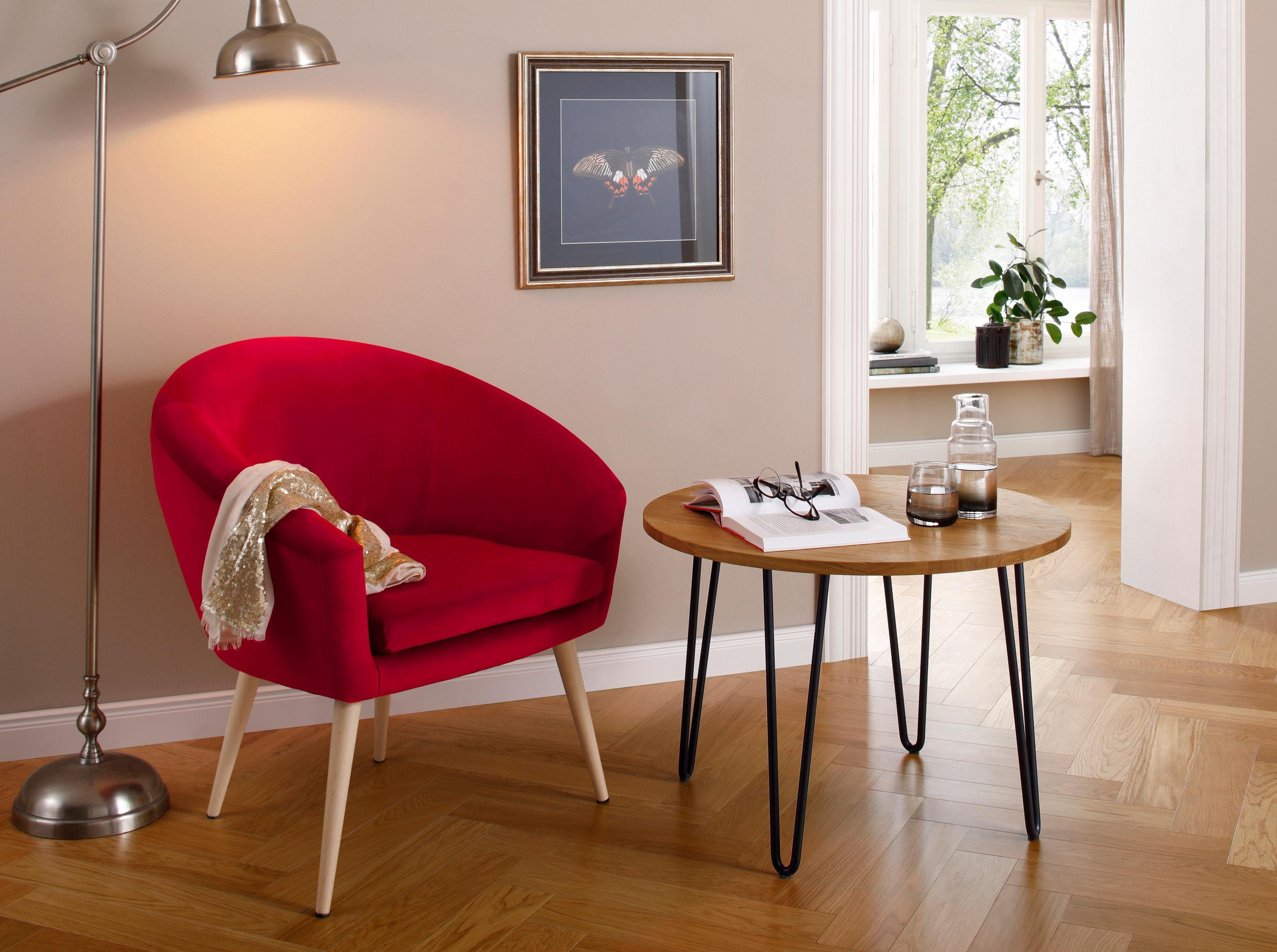 INOSIGN Salontafel Hairpin van massief eiken, met metalen poten, breedte 70 cm.