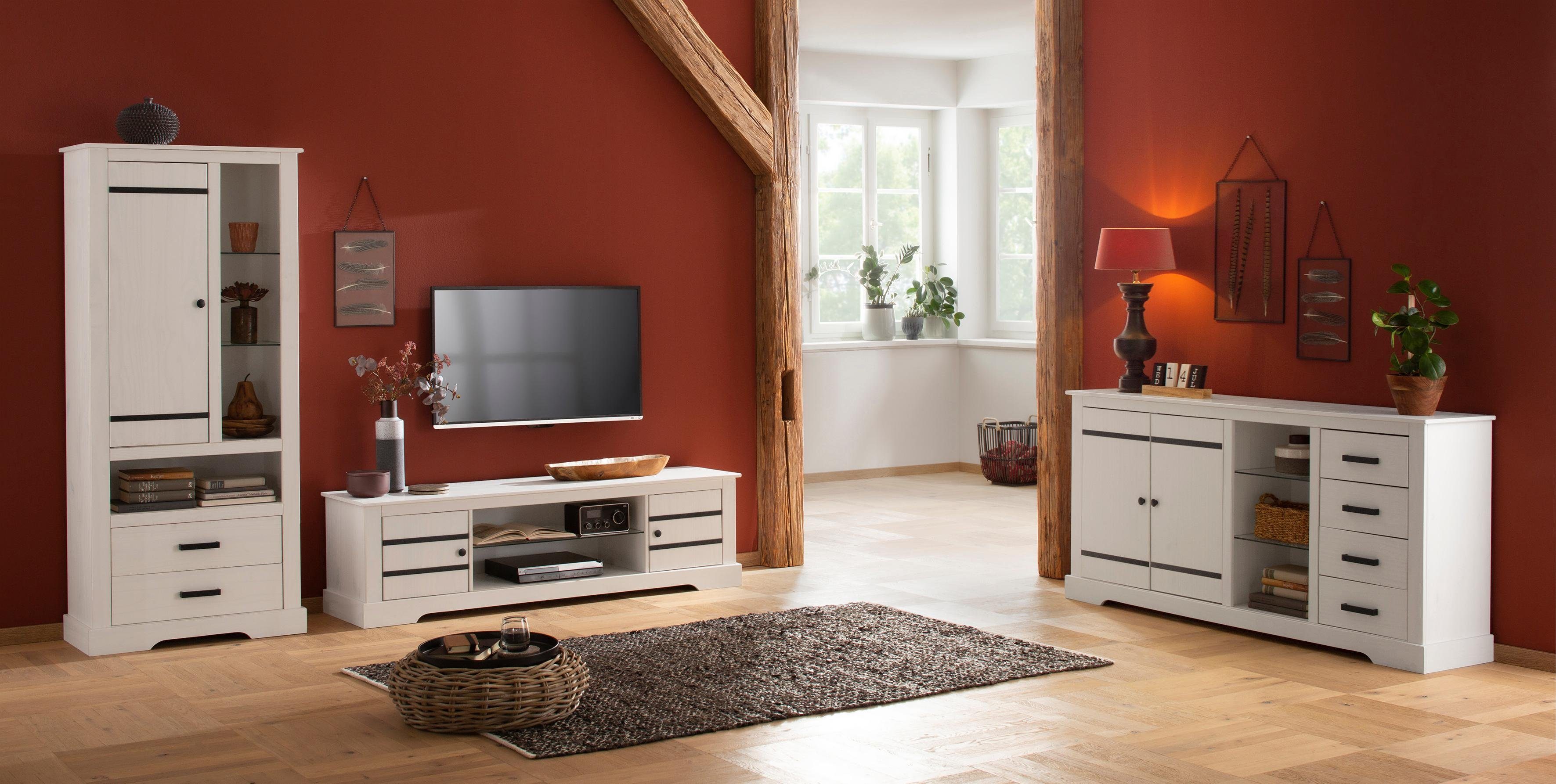 Home affaire Dressoir Loki Commode van massief grenenhout, met verstelbare glazen legplanken dressoirs maat 170x35x80 cm wit
