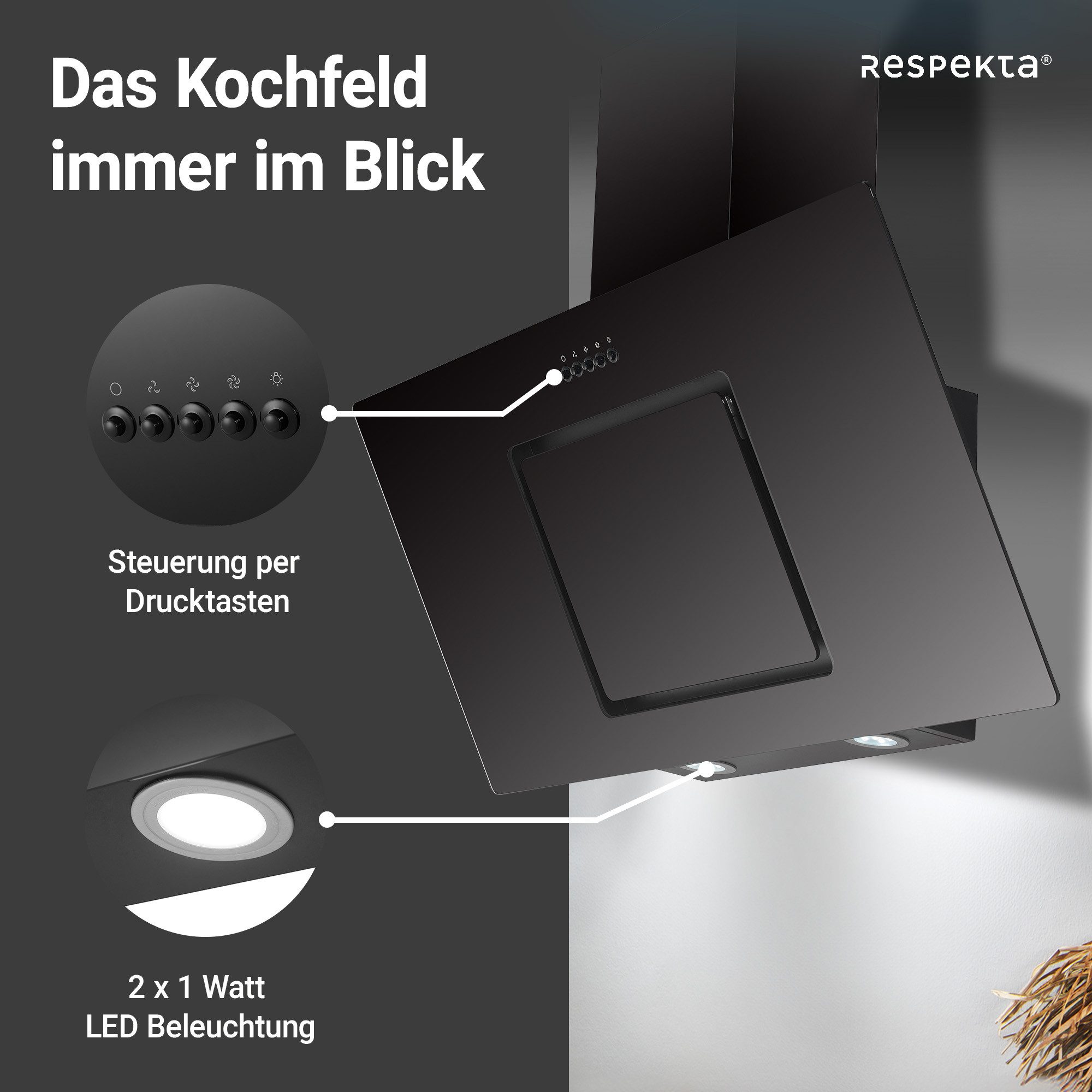 RESPEKTA Schuine wandkap CH 22010 90 cm, 3 vermogensniveaus, led-verlichting, geschikt voor afzuiging en recirculatie