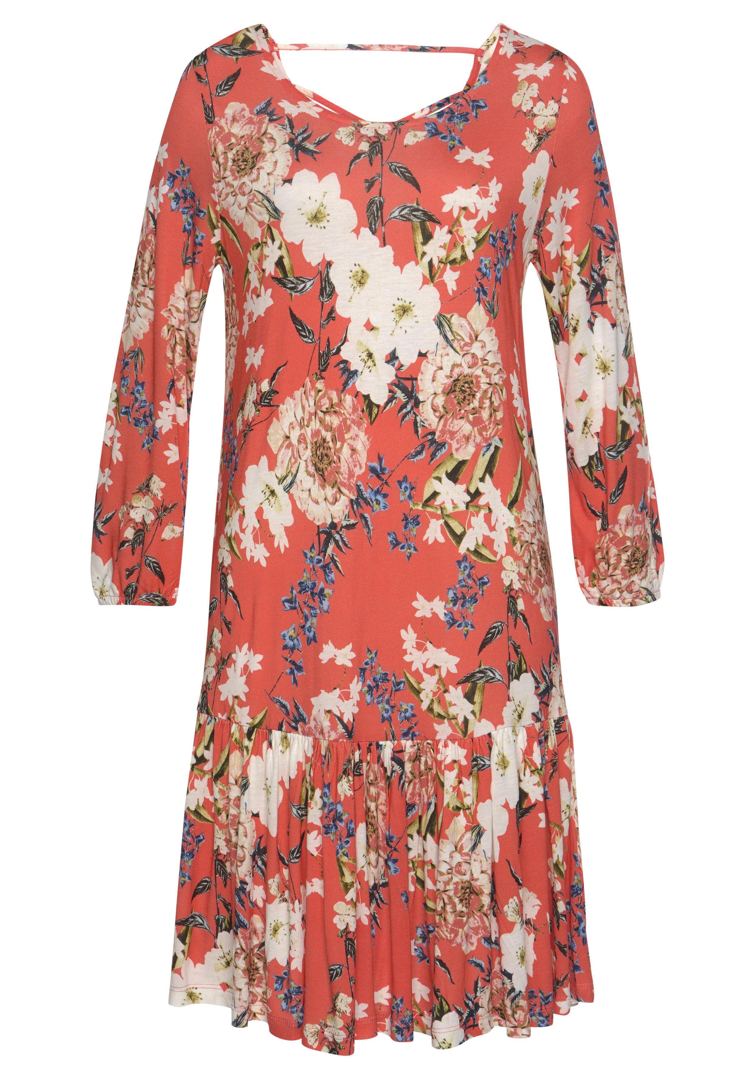 s.Oliver RED LABEL Beachwear Jerseyjurk met bloemenprint en rok met volants, 3/4 mouwen, zomerjurk, strandjurk