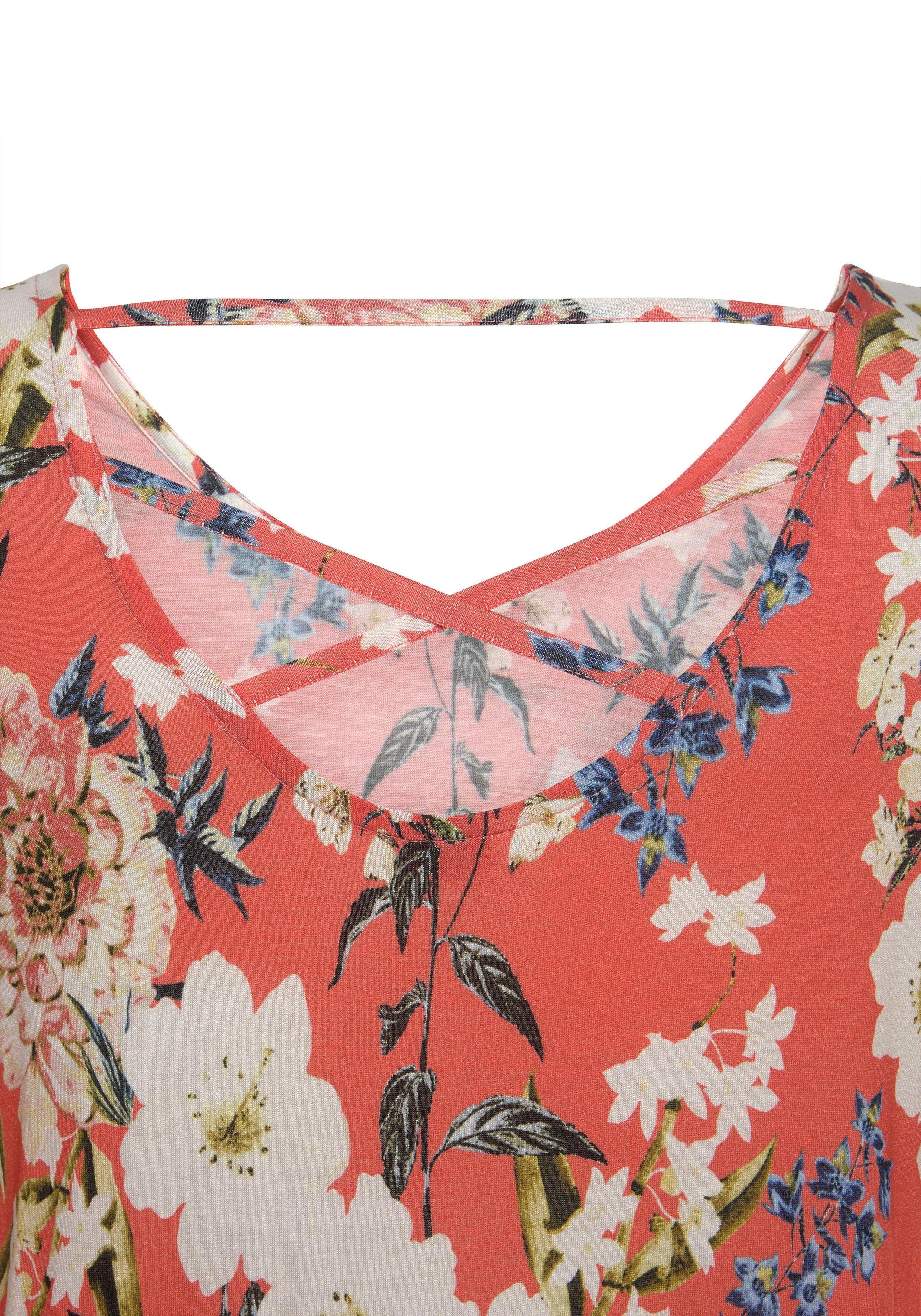 s.Oliver RED LABEL Beachwear Jerseyjurk met bloemenprint en rok met volants, 3/4 mouwen, zomerjurk, strandjurk