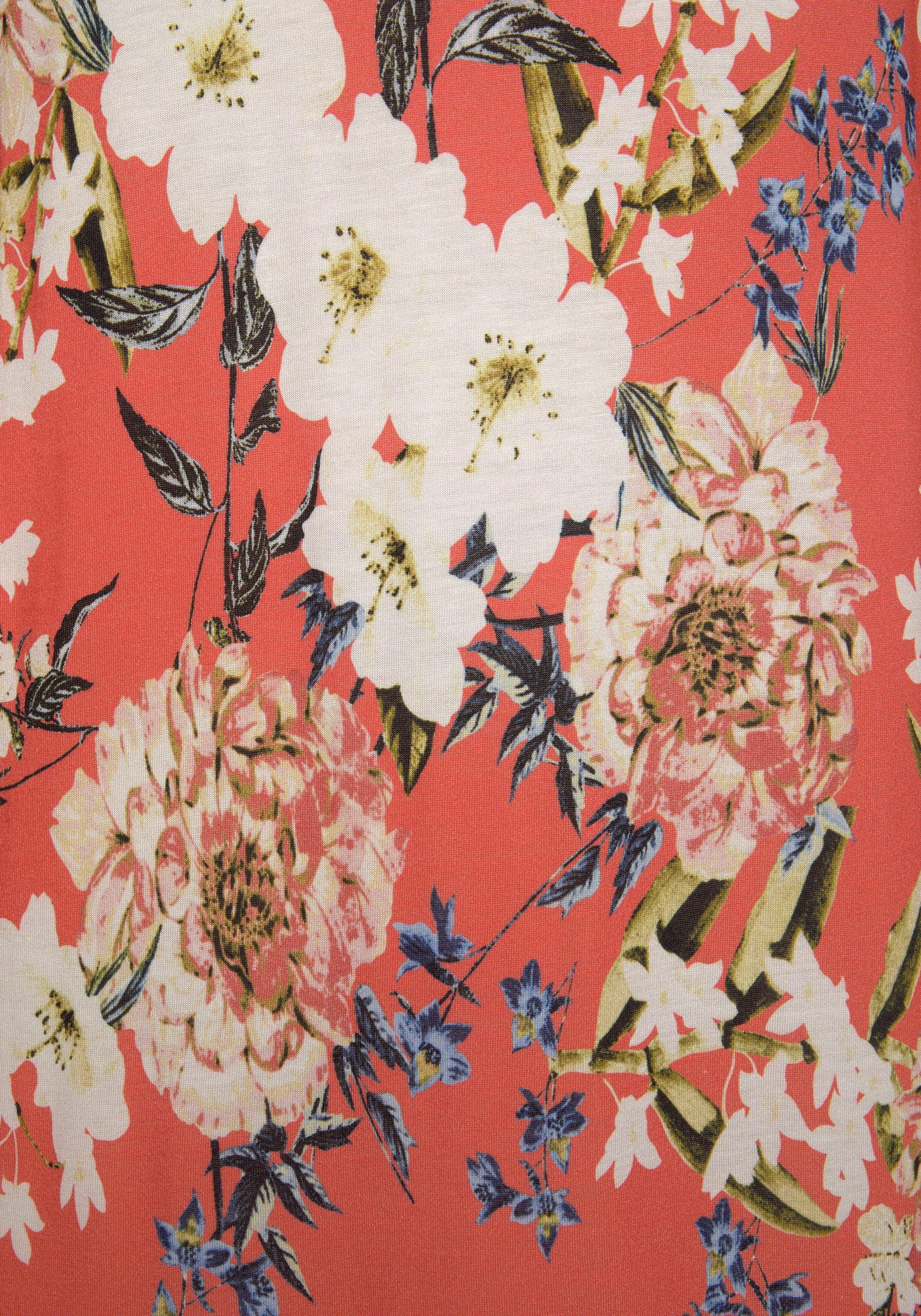 s.Oliver RED LABEL Beachwear Jerseyjurk met bloemenprint en rok met volants, 3/4 mouwen, zomerjurk, strandjurk