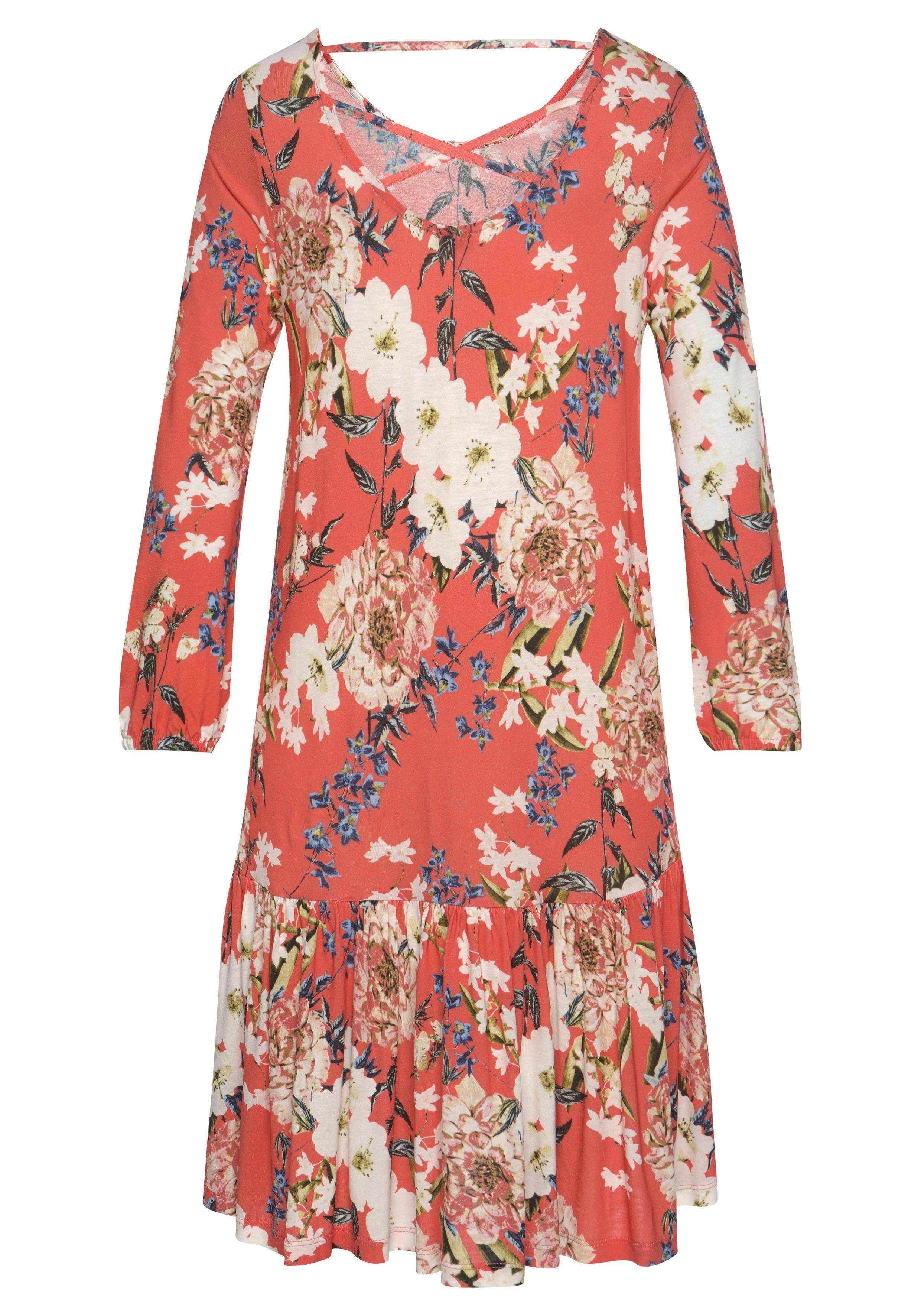 s.Oliver RED LABEL Beachwear Jerseyjurk met bloemenprint en rok met volants, 3/4 mouwen, zomerjurk, strandjurk