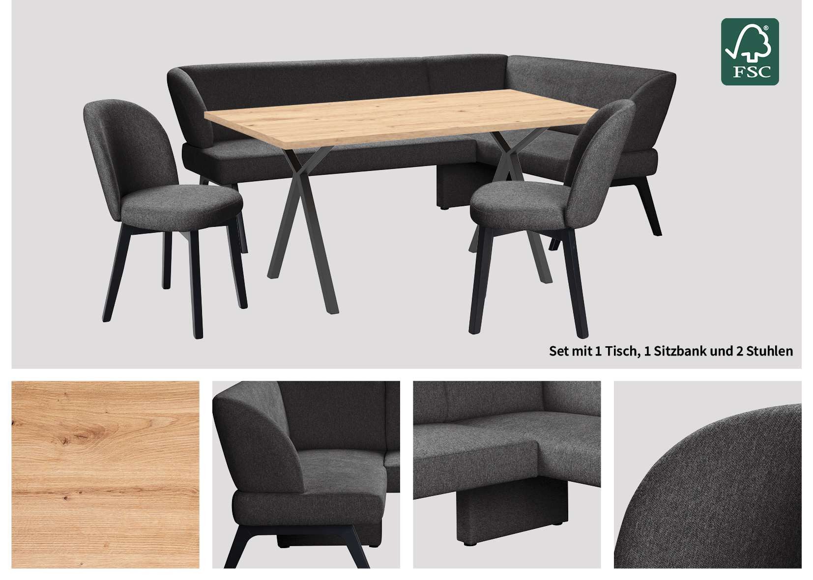 Home affaire Eethoek Aretha eetkamerset, zitgroep, hoekbank, keukenbank Eetkamer zitgroep, tafel, stoelen en bank gestoffeerd, Nosag-vering (4-delig)