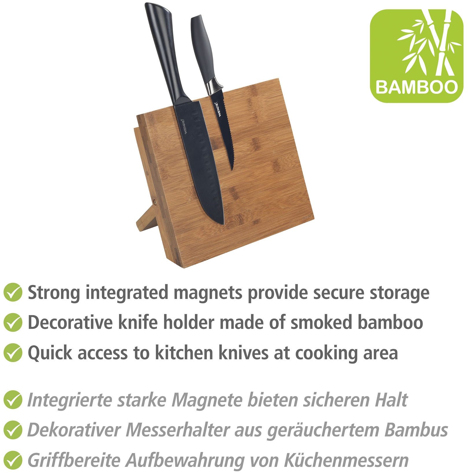WENKO Magnetisch messenblok Model Mesina magnetische messenhouder voor de keuken, bamboe, landhuisstijl