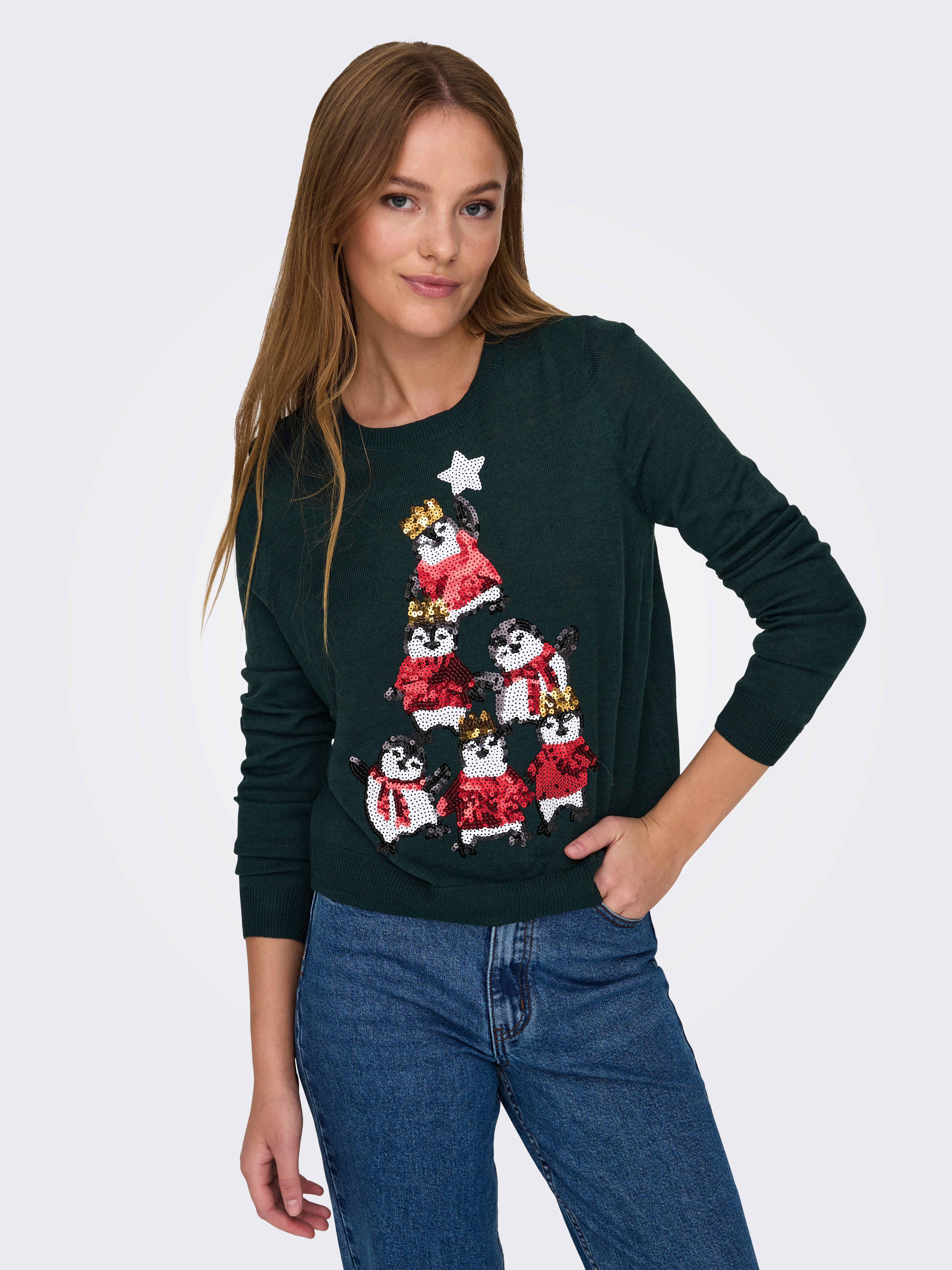 Only Kersttrui ONLXMAS PENGUIN TREE LS O-NECK RP KNT