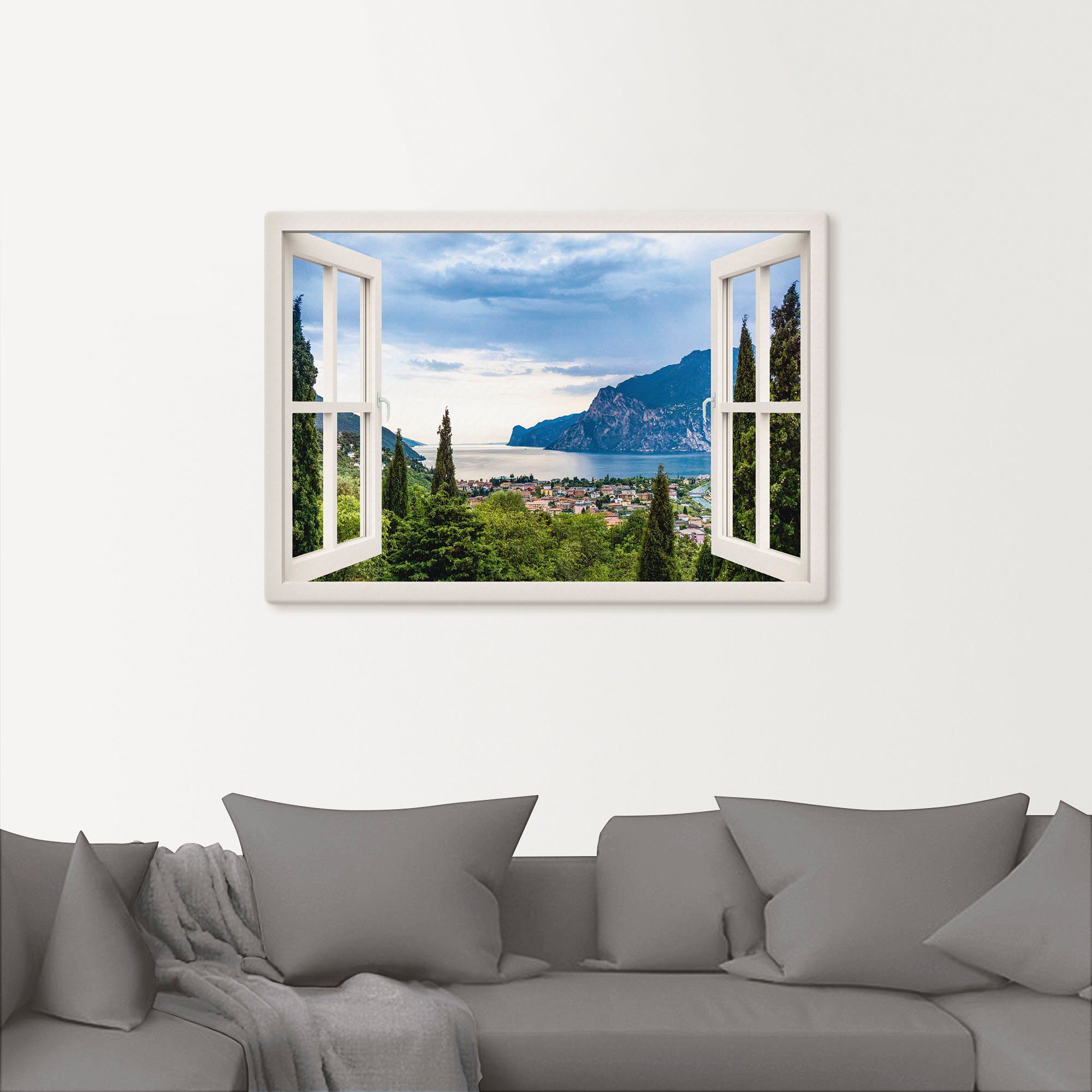 Artland Artprint Gardameer door het witte raam als artprint van aluminium, artprint voor buiten, artprint op linnen, poster, muursticker