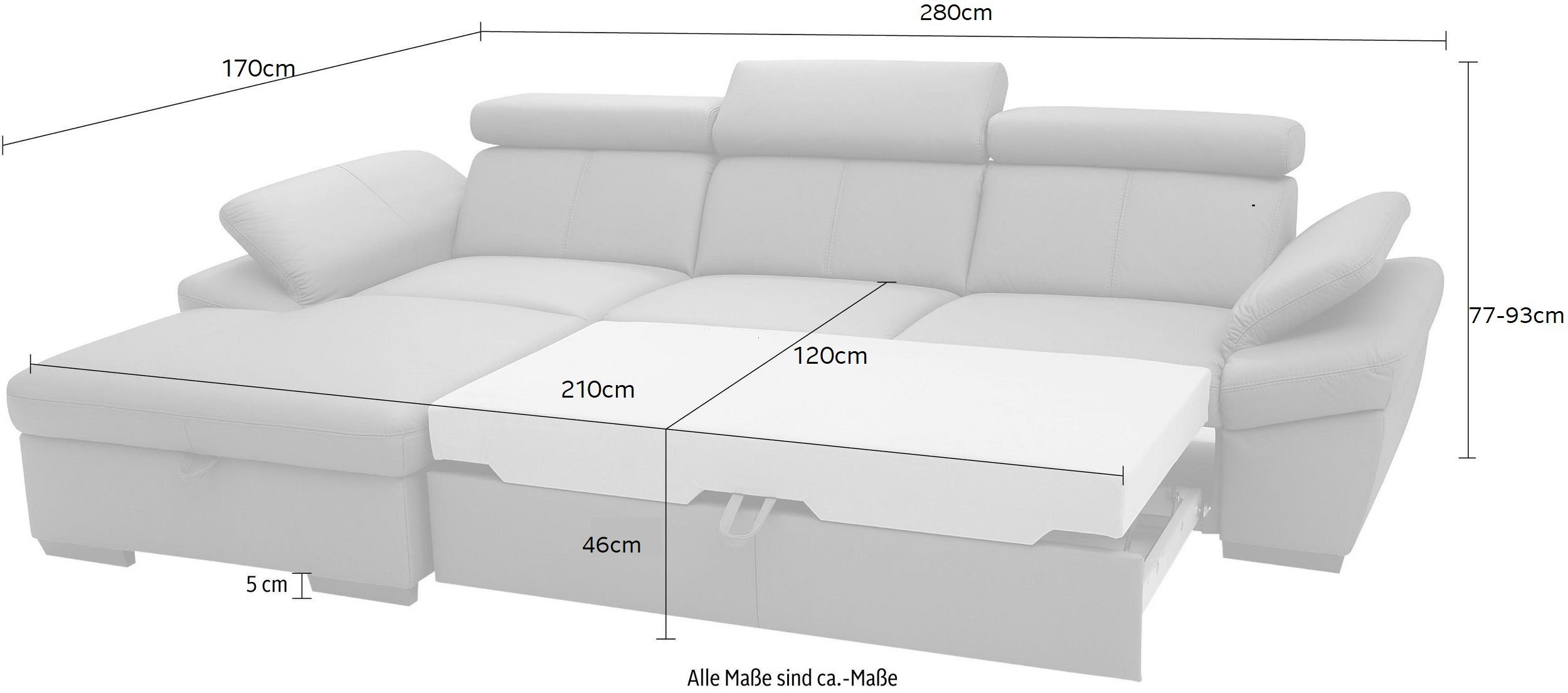exxpo - sofa fashion Hoekbank Salerno, klassieke moderne functionele bank, hoog zitcomfort, L-vorm inclusief verstelbare hoofdsteun en armleuning, naar keuze met slaapfunctie