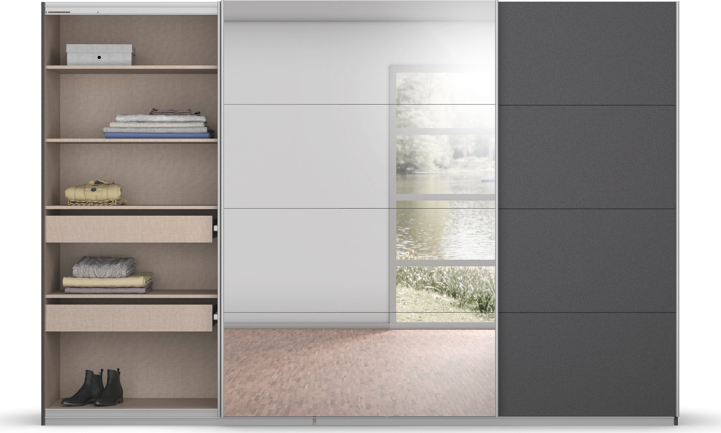 rauch Zweefdeurkast Kledingkast kast garderobe BESTSELLER KOLUNA met spiegel inclusief 2 binnenladen en extra legplanken made in germany