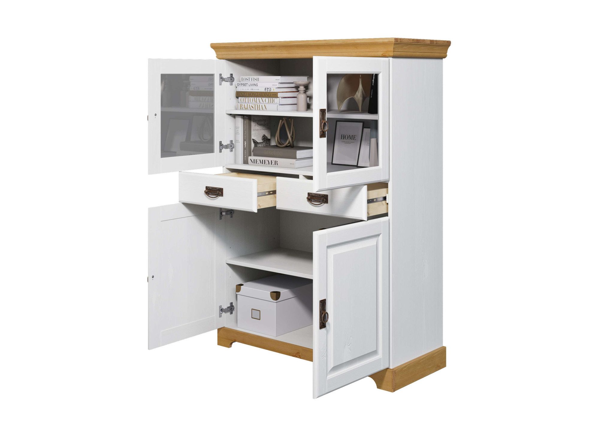 Home affaire Highboard Rügen Vitrine in landelijke stijl, gecertificeerd massief hout, hoogte 131 cm