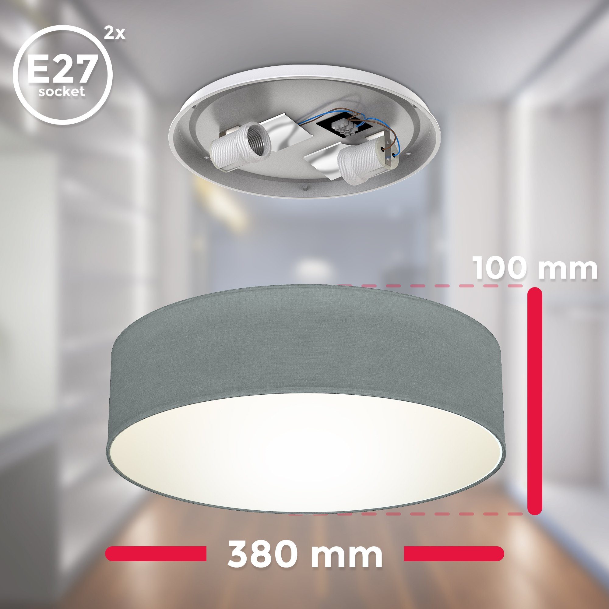 B.K.Licht Plafondlamp Plafondlamp, grijs, textielschaal, woonkamer, slaapkamer, E27