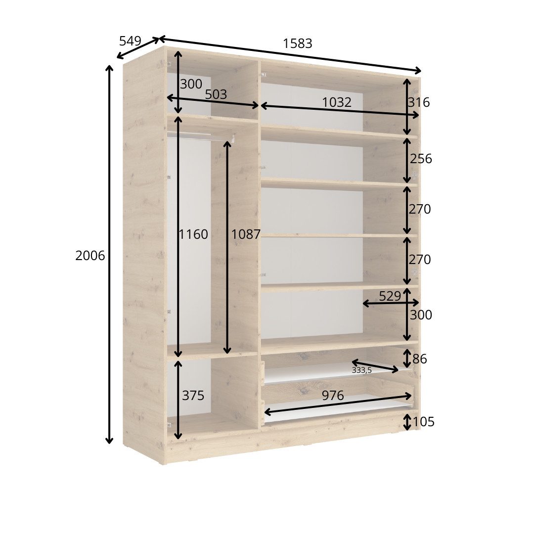 INOSIGN Kledingkast LAREDO Wäscheschrank komplette Innenausstattung, Maße 158,3/200,5/55cm Garderobe met open vak, 3 deuren en 2 lades, FSC