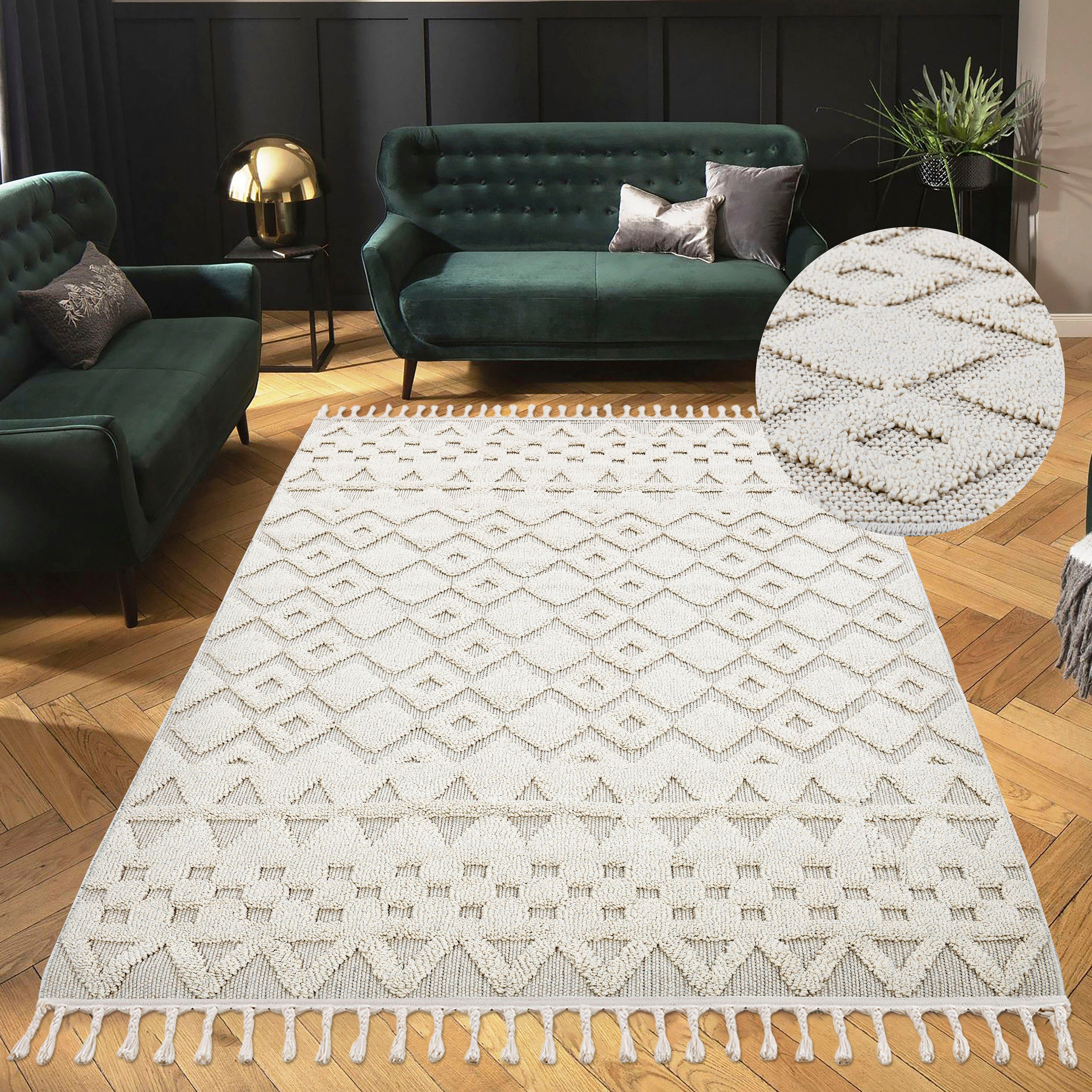 andas Vloerkleed Juliane, loper, rond tapijt Reliëfstructuur, wol-look, boho, met franje