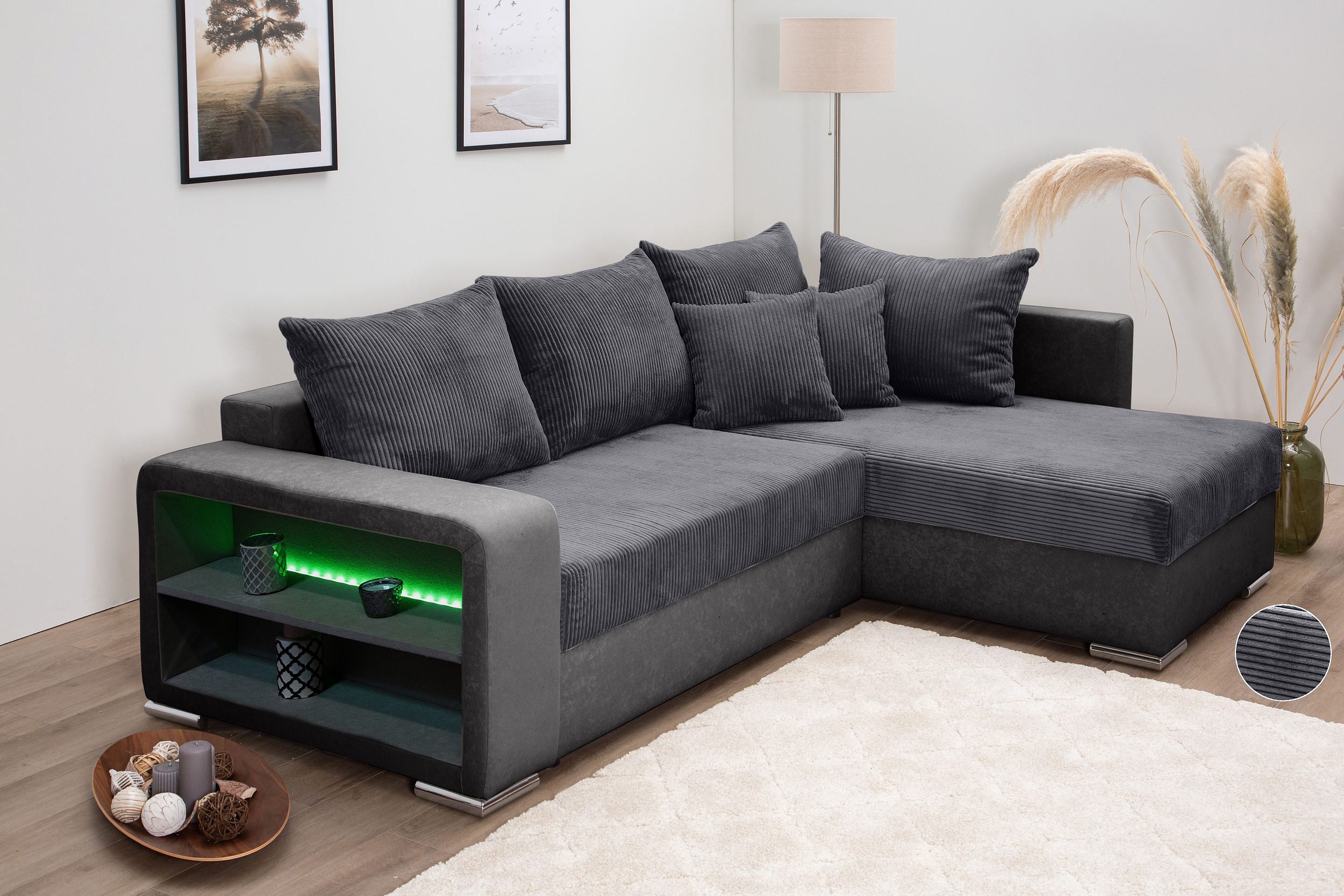 COLLECTION AB Hoekbank L-model Regalarmleuning met LED RGB verlichting, bedfunctie en bedbox