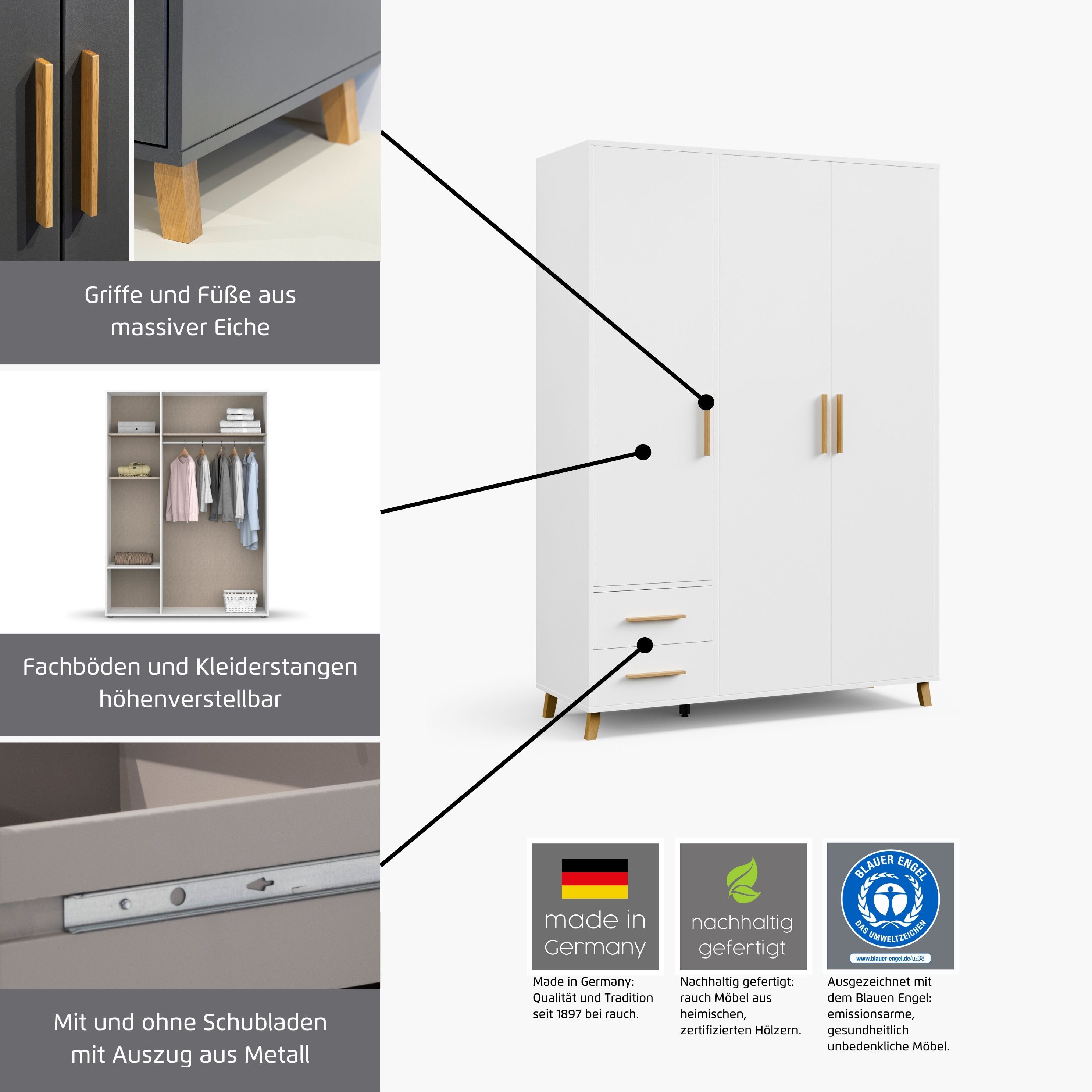 rauch Draaideurkast Kledingkast kast garderobe waskast SHINJO Grepen en voeten van massief hout met 2 lades MADE IN GERMANY