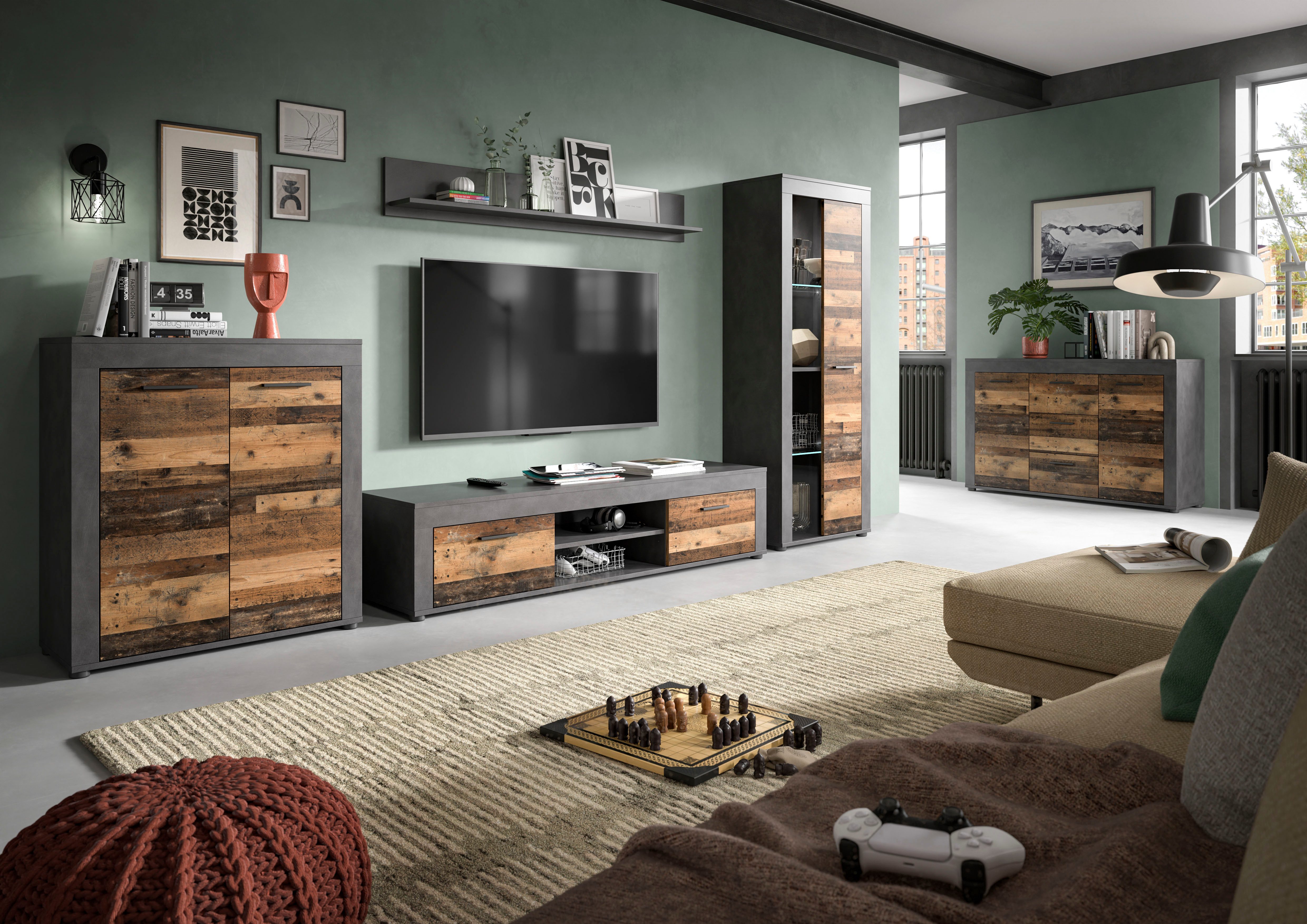 INOSIGN Wandmeubel Aosta, 4-delig, bestaande uit: vitrinekast, lowboard, wandplank & hoge vitrinekast (4 stuks)