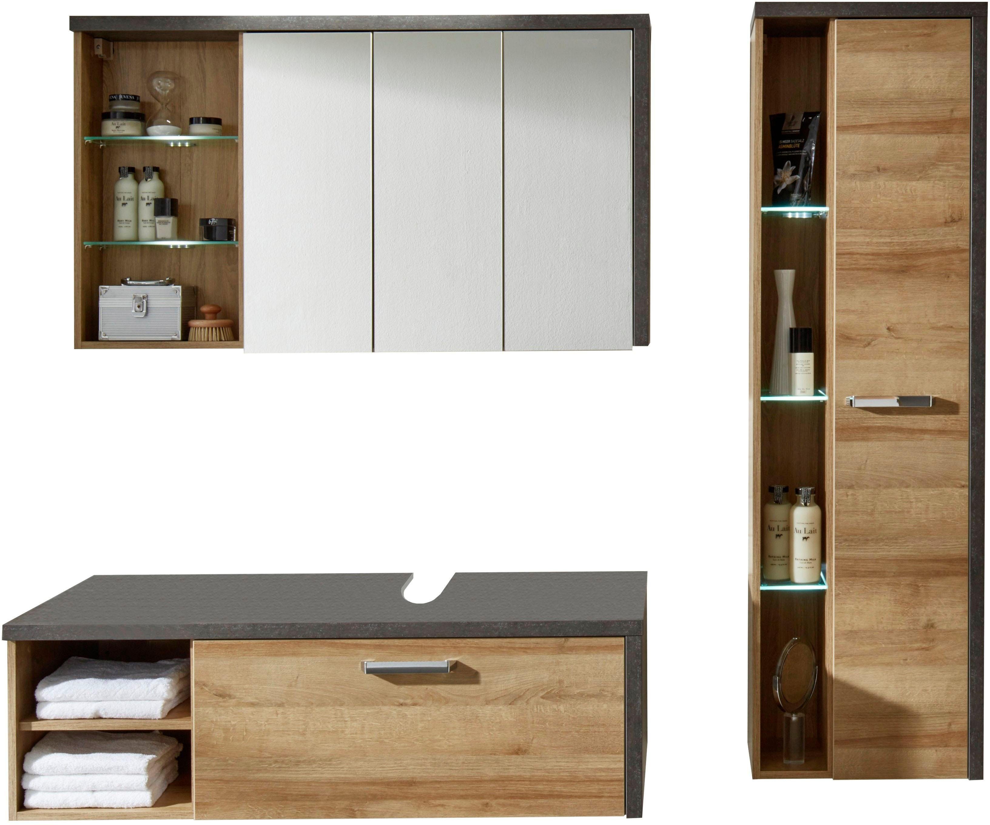 welltime Badkamerserie Bilbao Hangende badkamermeubels in eikenkleur - Met 5 glazen planken (set, 3-delig) badmeubelsets beige