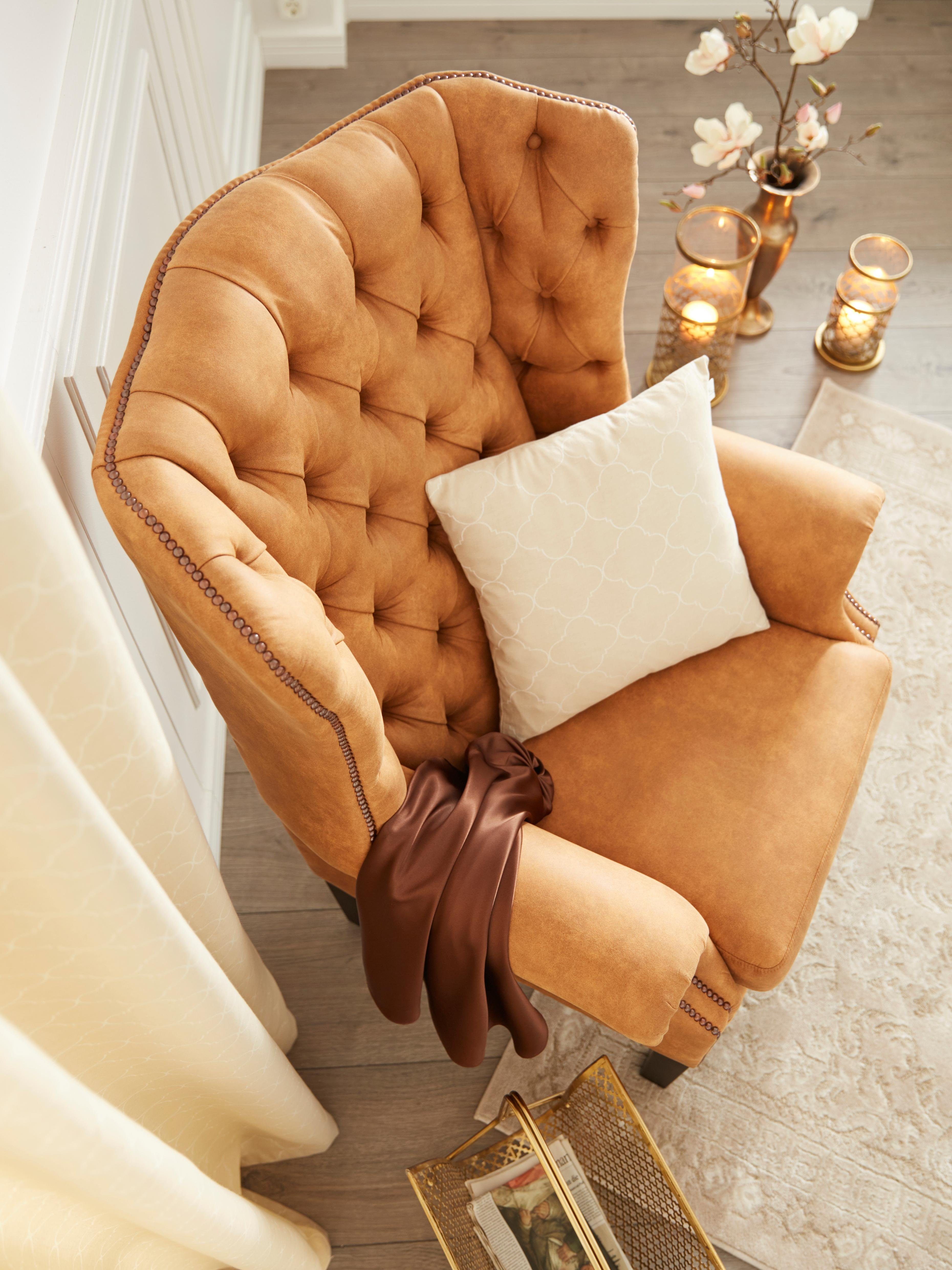 Home affaire Fauteuil Bedford oorschelp fauteuil Chesterfield met luxueuze capitonnage en gebogen armleuningen fauteuils maat Luxe-microvezel bruin