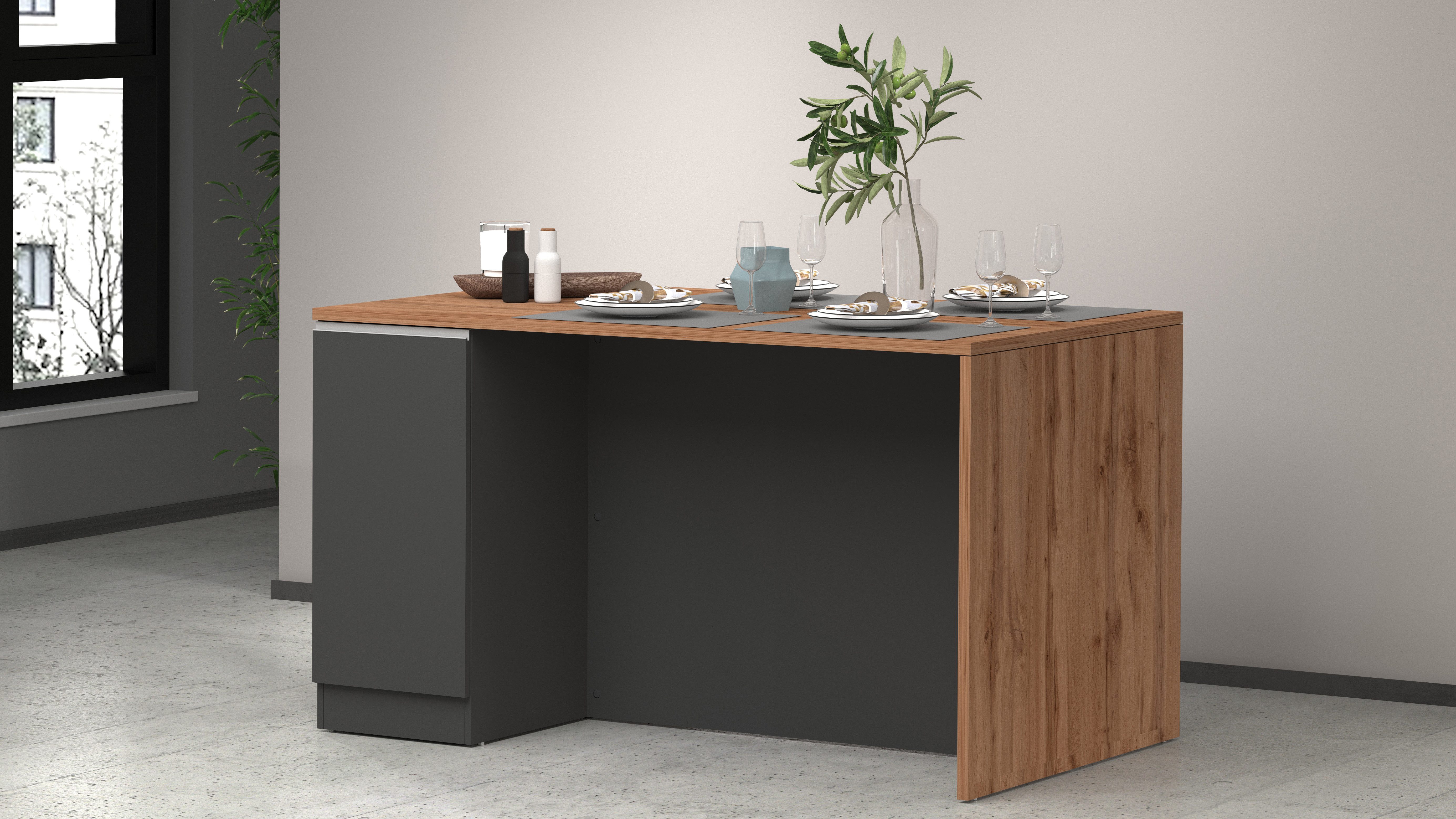 Kochstation Kookeiland Sole, kookeiland, keukenwerkblok, eilandkeuken, werk-eiland Breedte 160 cm met 2 deuren, 4 vakken, werkblad, aluminium handgreep