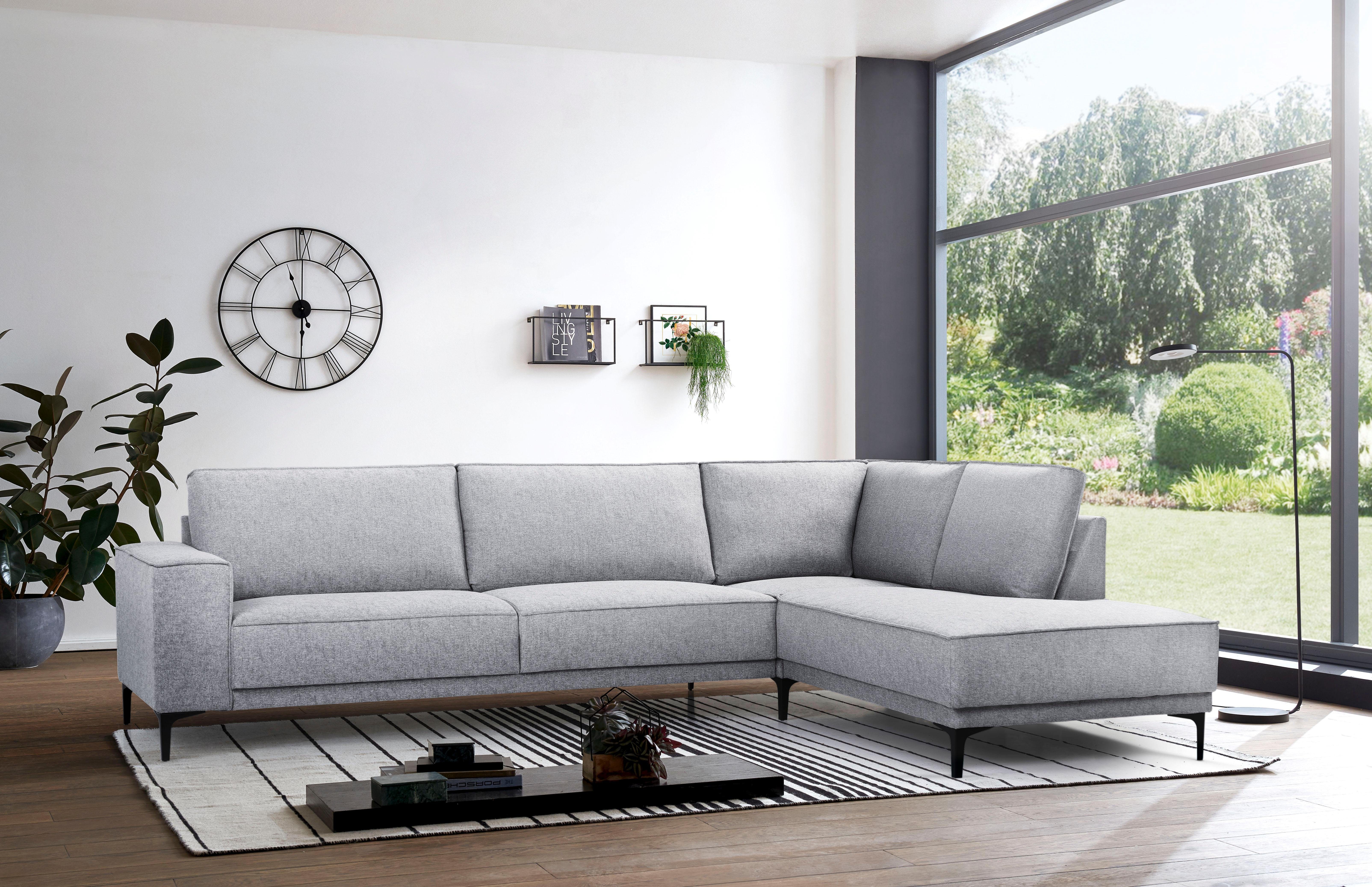 Places of Style Hoekbank Oland, structuur, platweefsel, luxe microvezel, bouclé L-vorm, 289 cm, golfondersteuning, Scandinavisch ontwerp, metalen poten