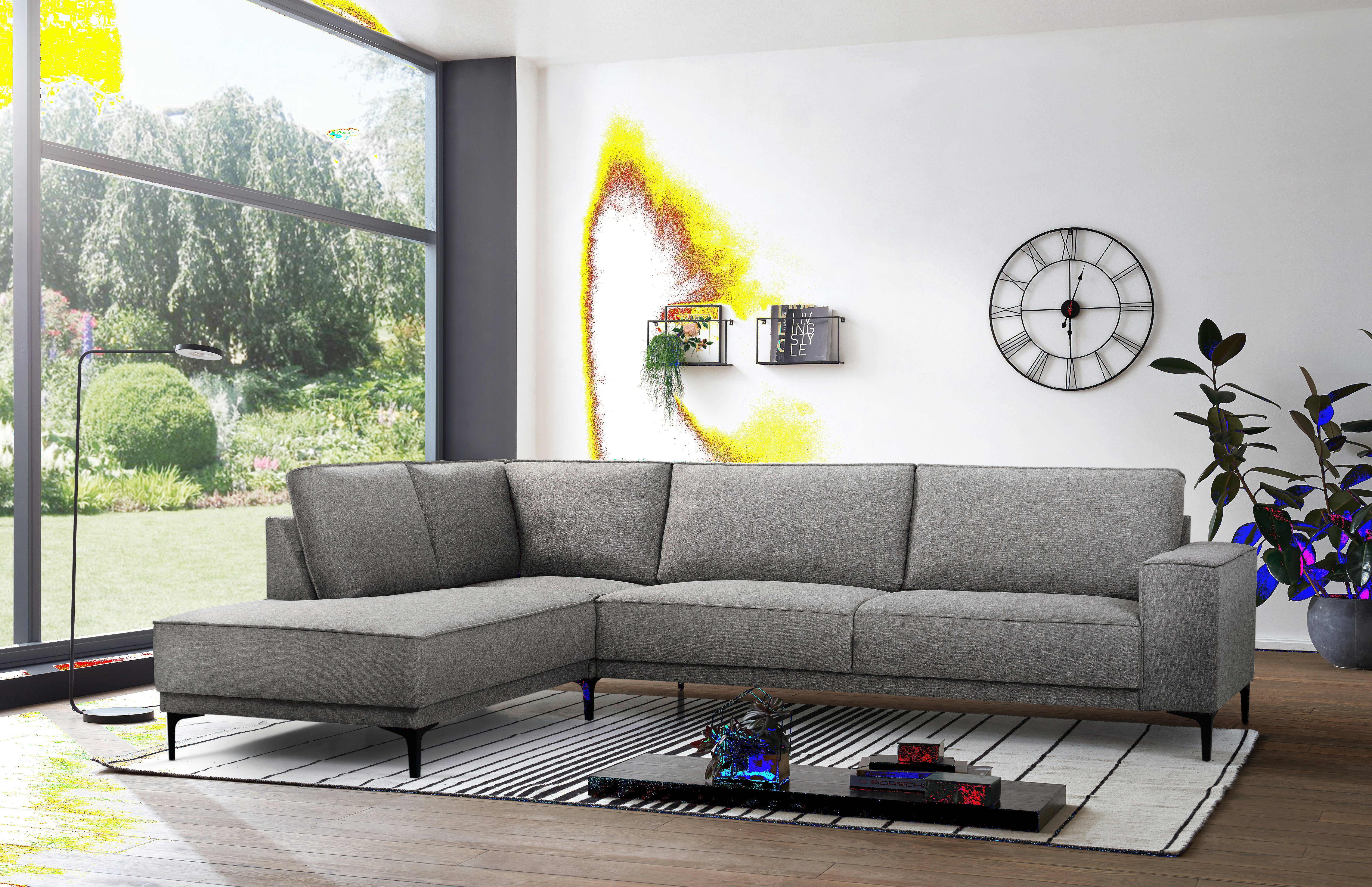 Places of Style Hoekbank Oland, structuur, platweefsel, luxe microvezel, bouclé L-vorm, 289 cm, golfondersteuning, Scandinavisch ontwerp, metalen poten