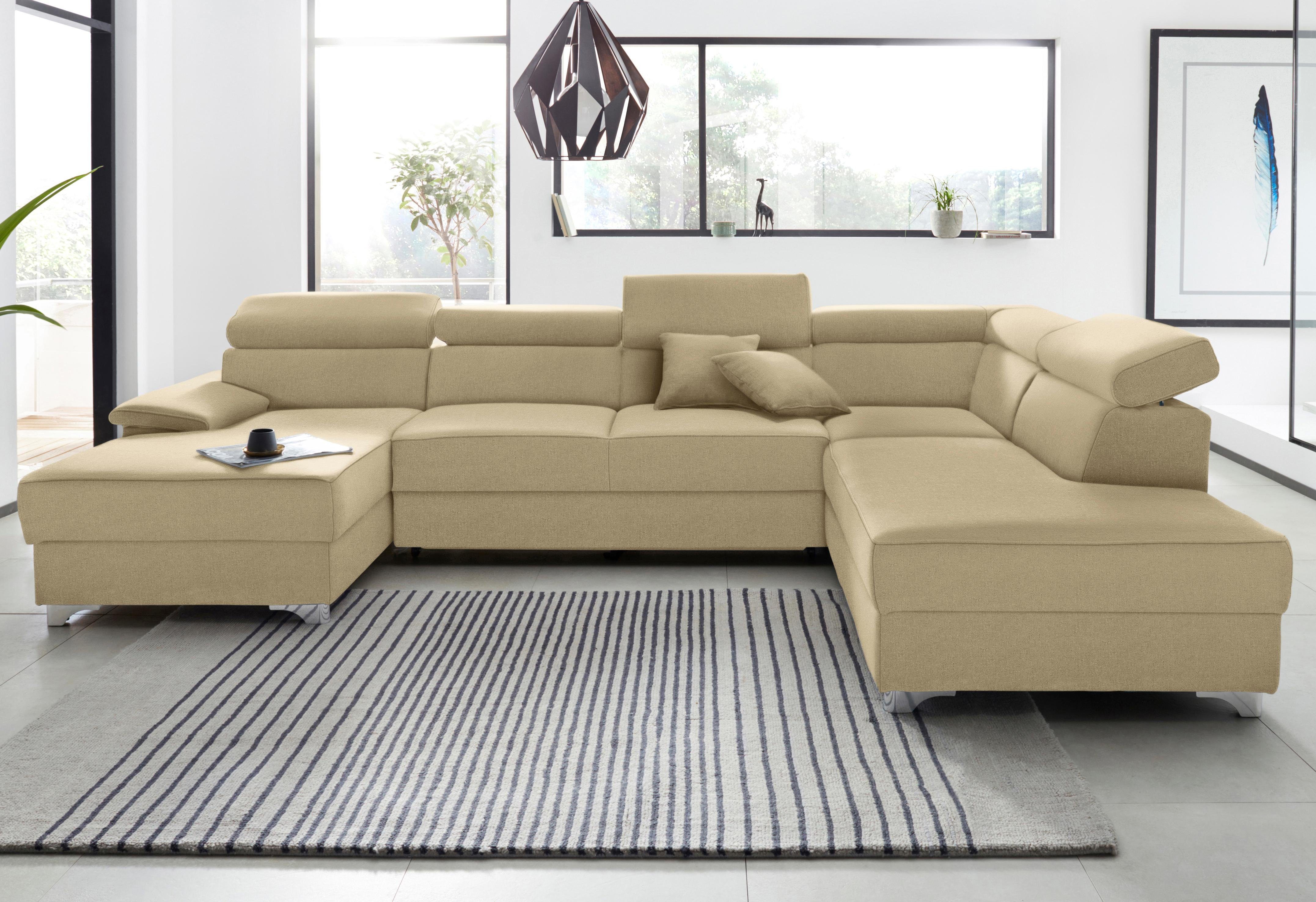 DOMO collection Zithoek Mira U-vorm beige, zithoeken, Récamier links, Met verstelbaar hoofdeind