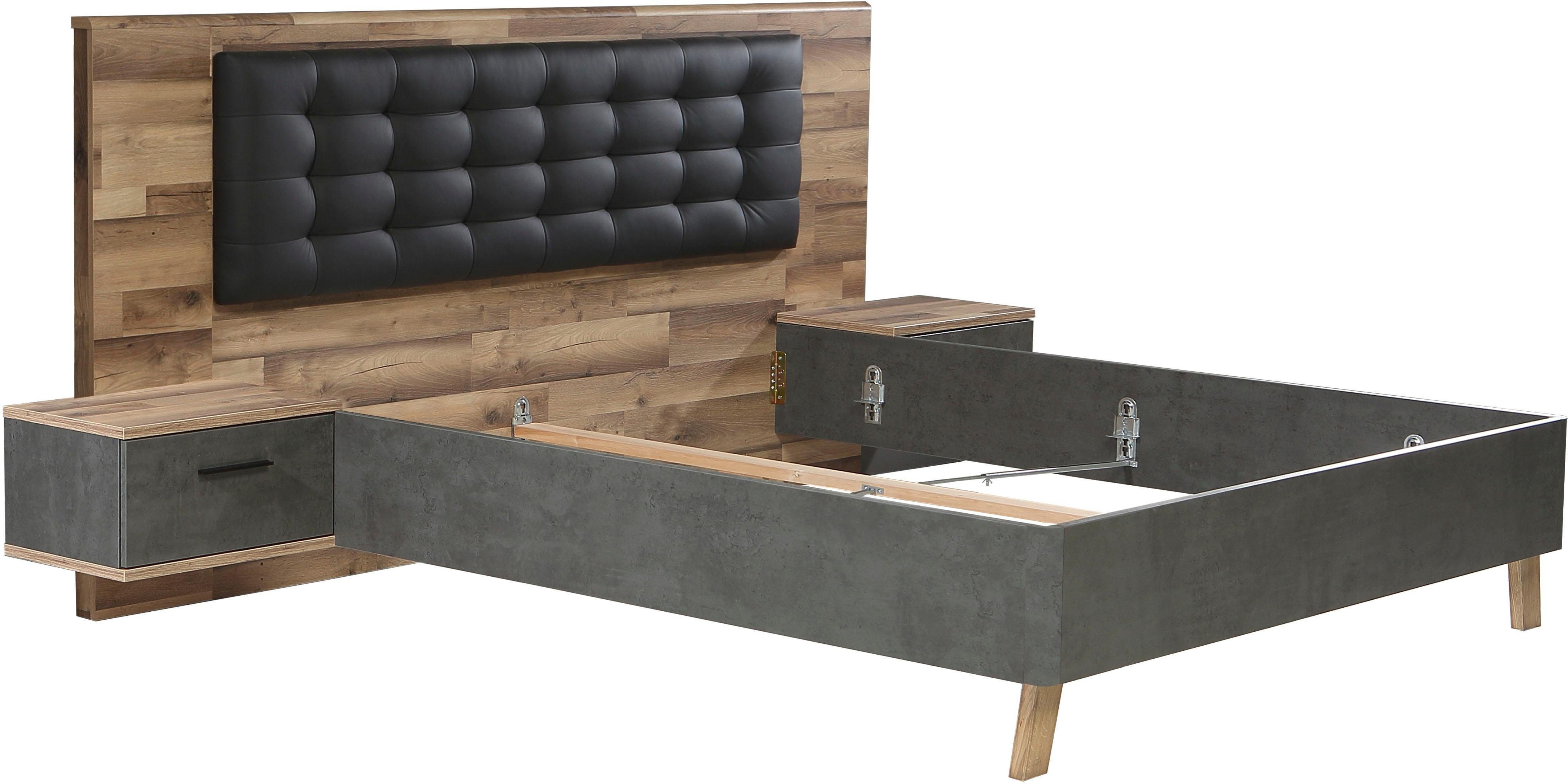 FORTE Ledikant Ricciano met 2 nachtkastjes en bekleed hoofdbord (set, 3-delig)