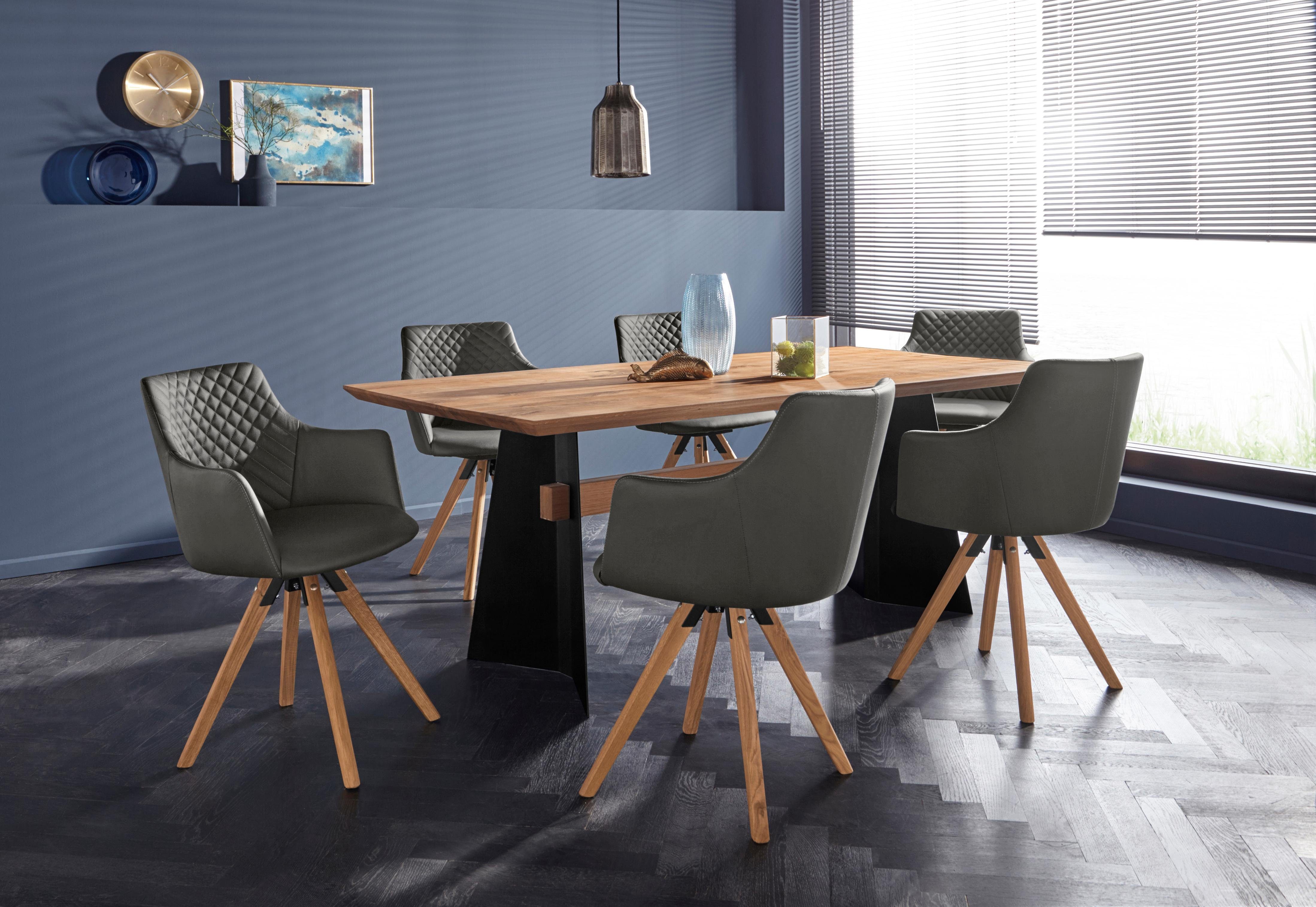 Home affaire Stoel met armleuningen LISABON met draaifunctie, bekleding van leer, frame van eiken massief hout geolied (set, 2 stuks)