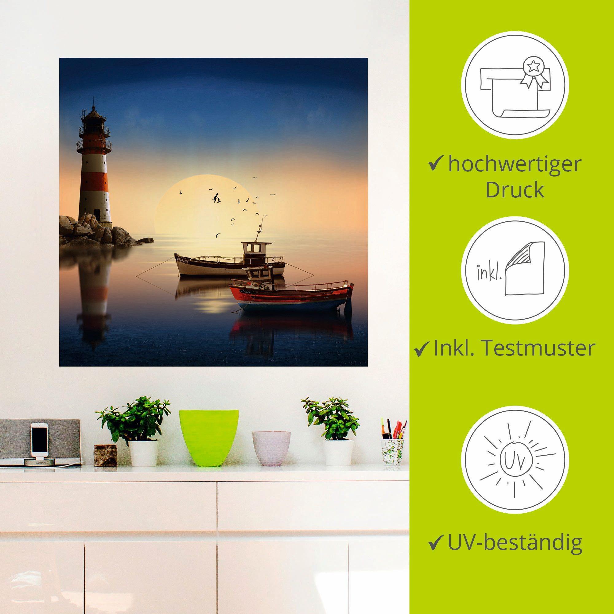 Artland Artprint Kleine haven met vuurtoren als artprint op linnen, muursticker in verschillende maten