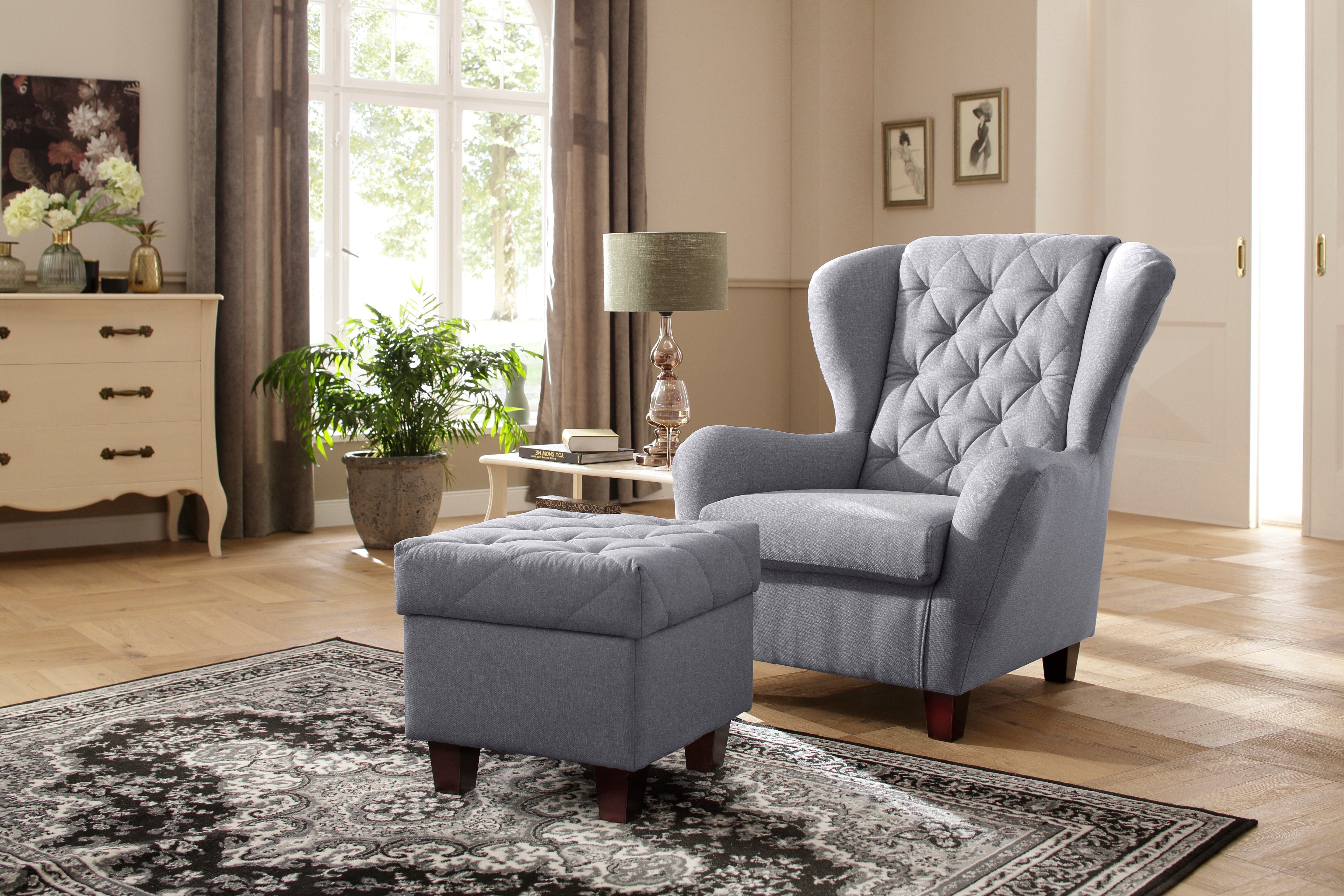 DELAVITA Oorfauteuil ALEXANDRA incl. hocker, met stiksels, in vele kleuren