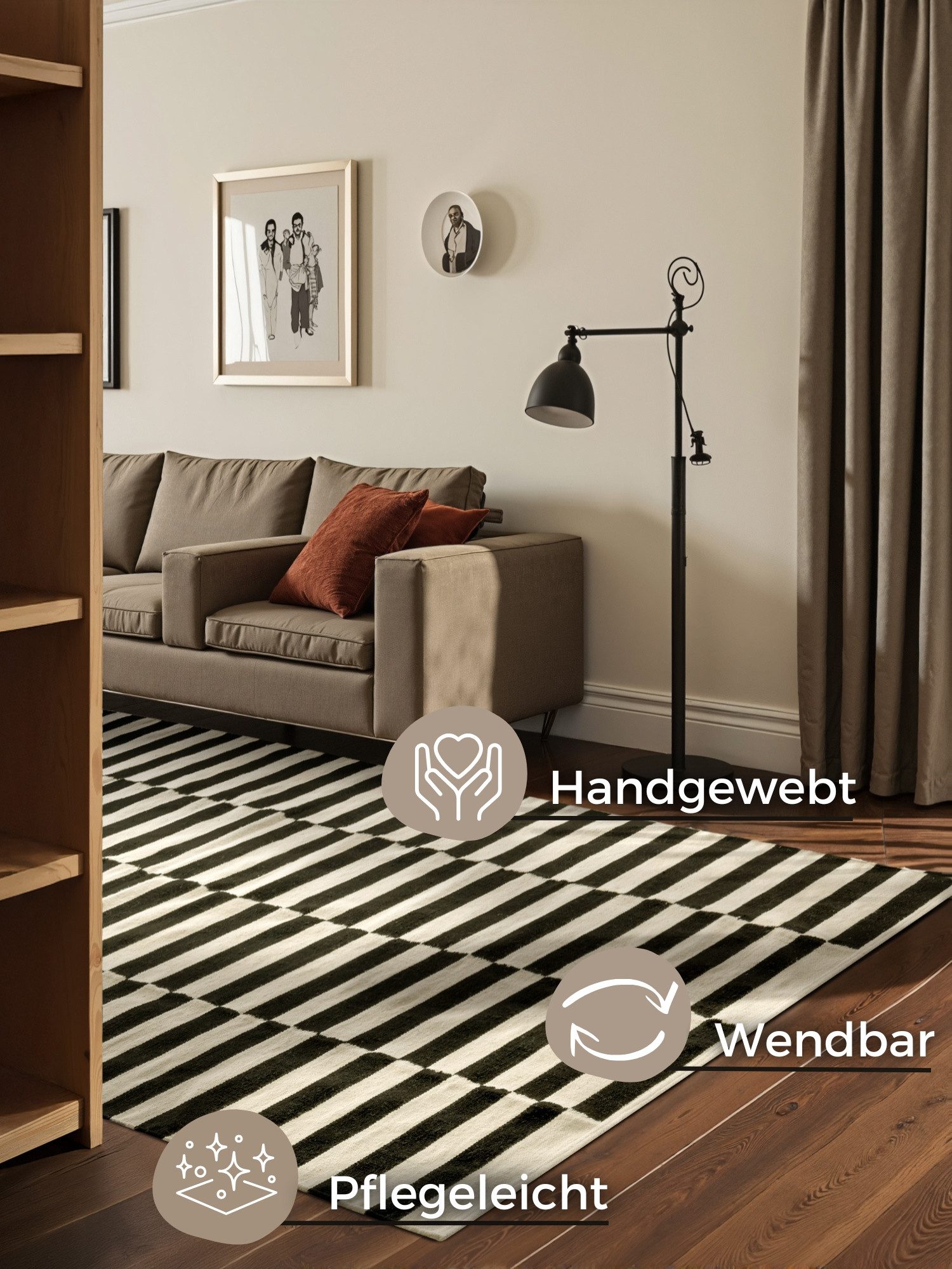 HANSE Home Wollen kleed Donna, zwart-wit handgeweven, wol, natuur, loper, woonkamer, slaapkamer, strepen