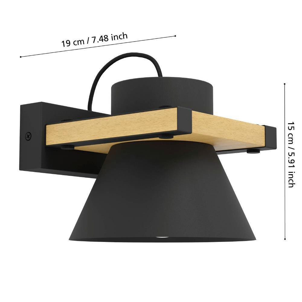 EGLO Wandlamp MACCLES Wandlamp, ganglamp, zwart, metaal en hout, lamp voor wand en plafond (1 stuk)