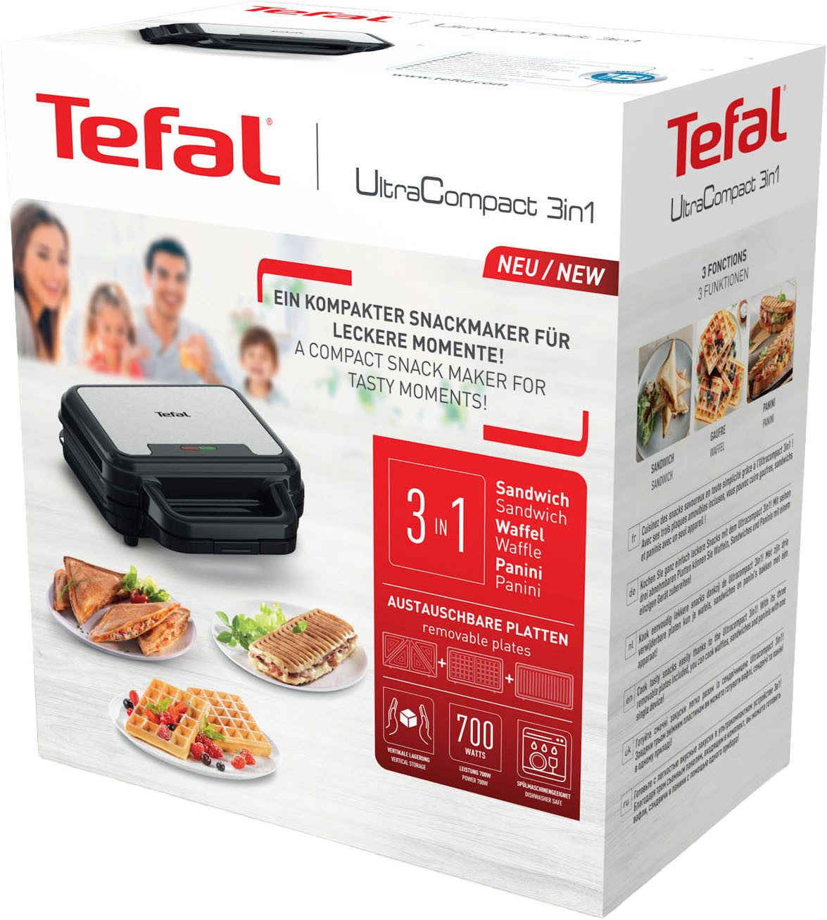 Tefal Sandwichmaker Ultracompact 3-in-1 Sandwich/Wafel/Panini, anti-aanbaklaag