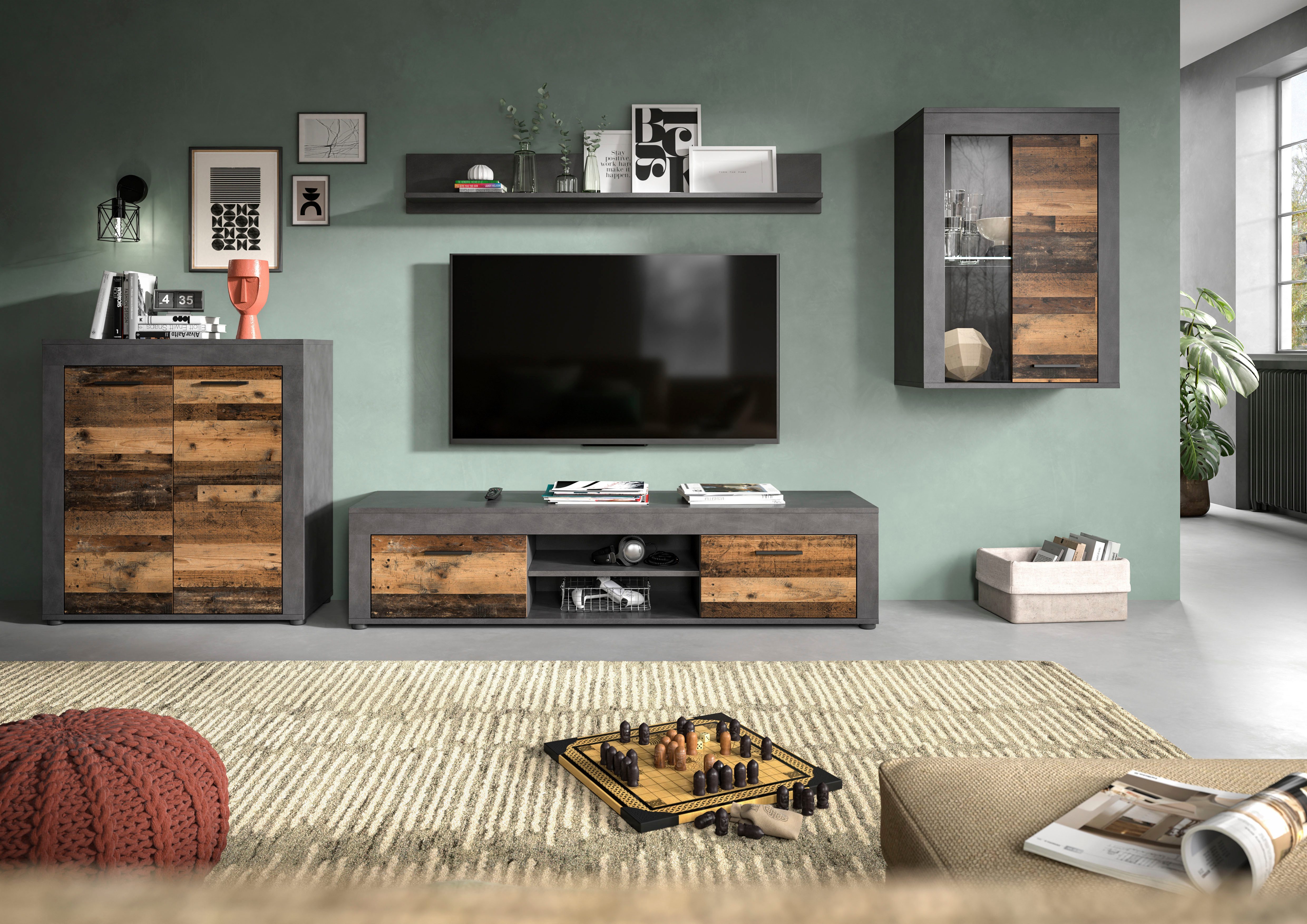 INOSIGN Wandmeubel Aosta, 4-delig, bestaande uit: highboard, lowboard, wandplank & vitrinekast (4-delig)