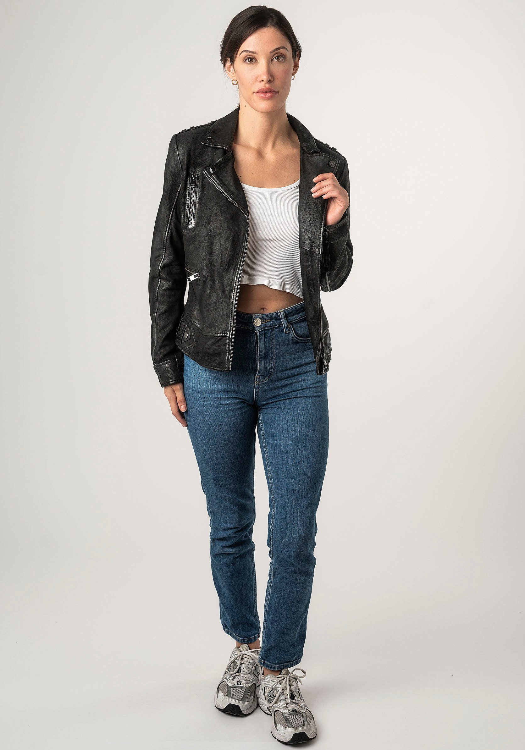 Mauritius Leren jack 2Wtashi met schouderflappen, met studs, met ritszakken